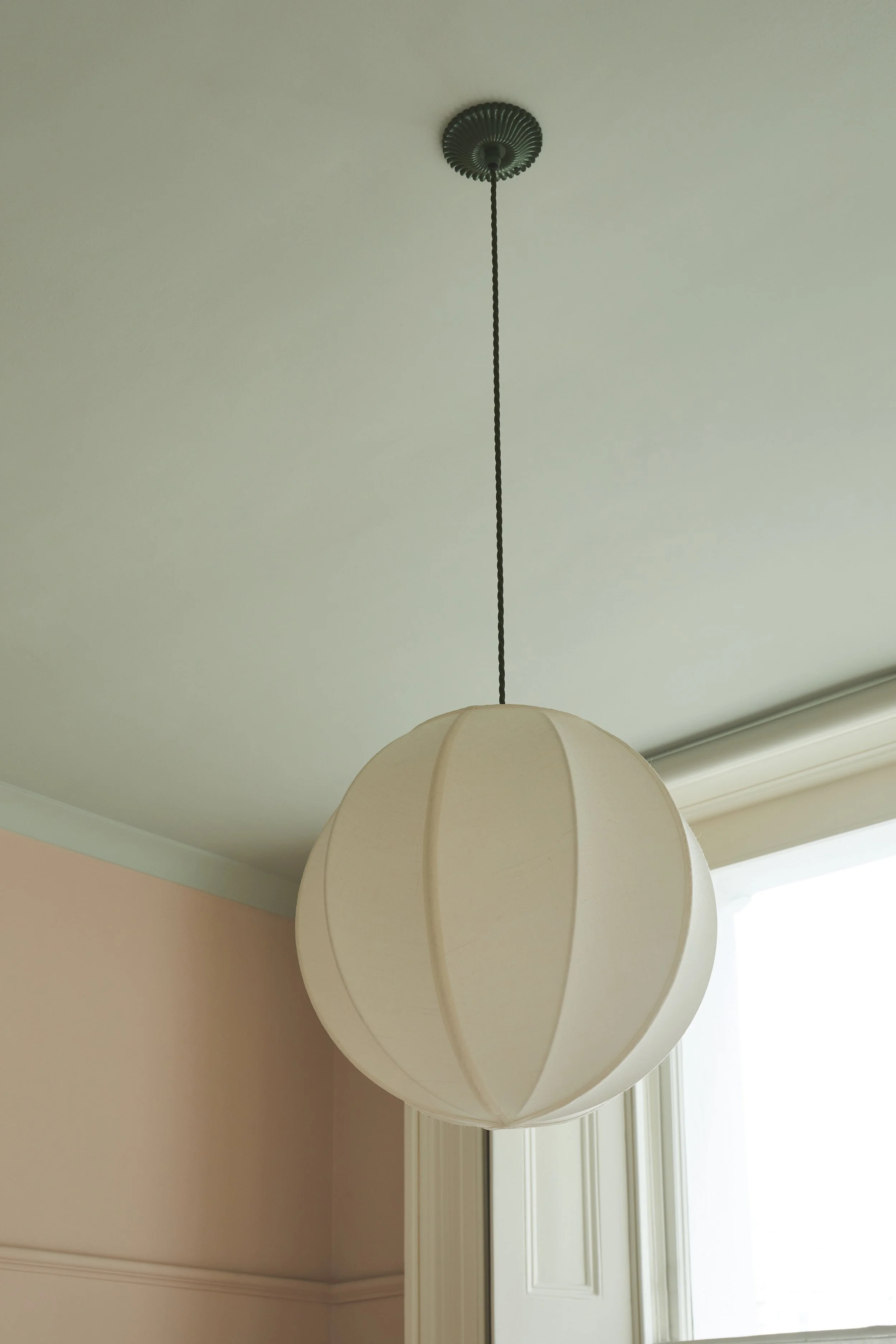 Paper lantern hanging light, painted ceiling 