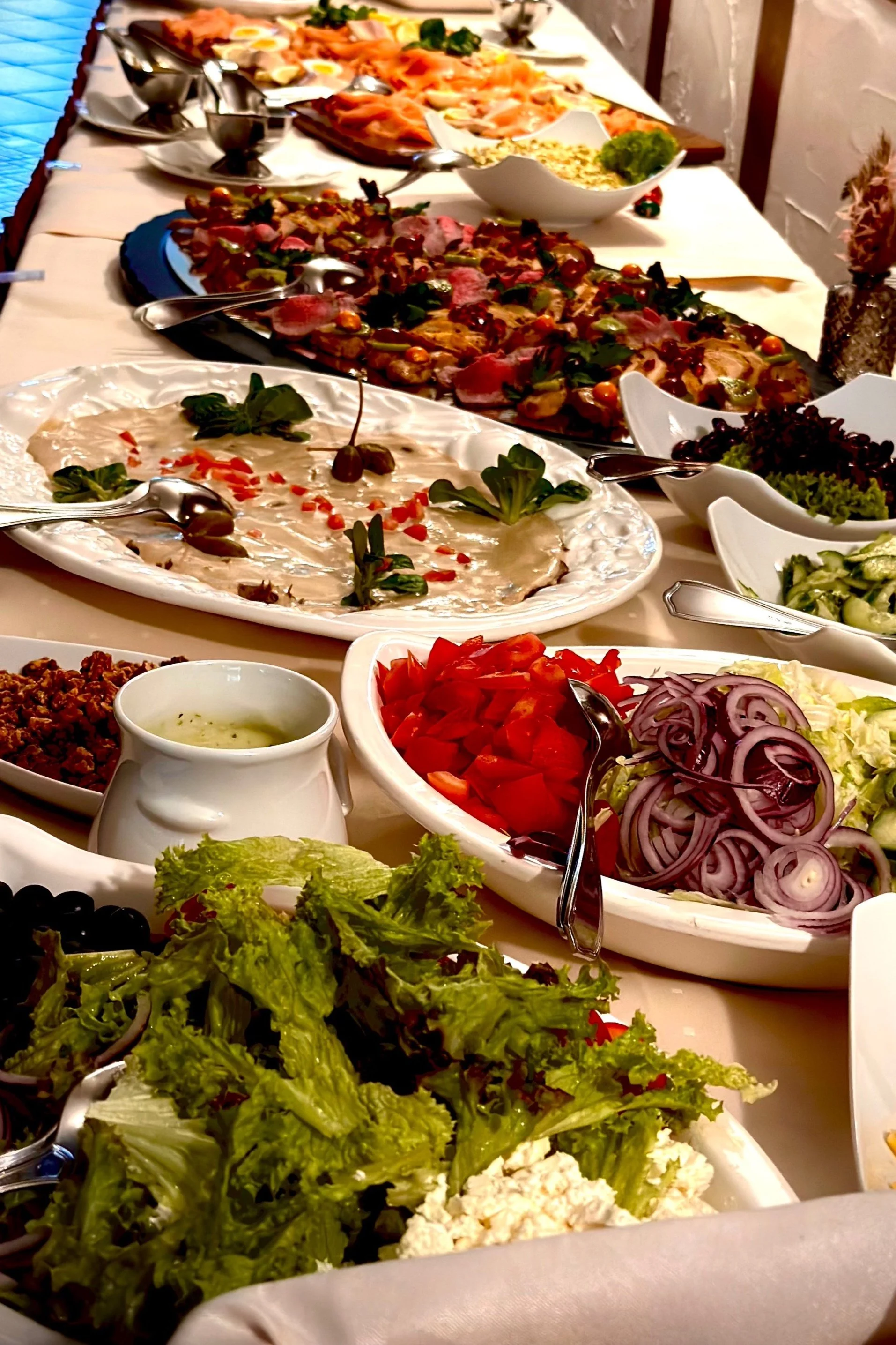 Verschiedene Salate und kalte Vorspeisen auf einem langen Buffet-Tisch