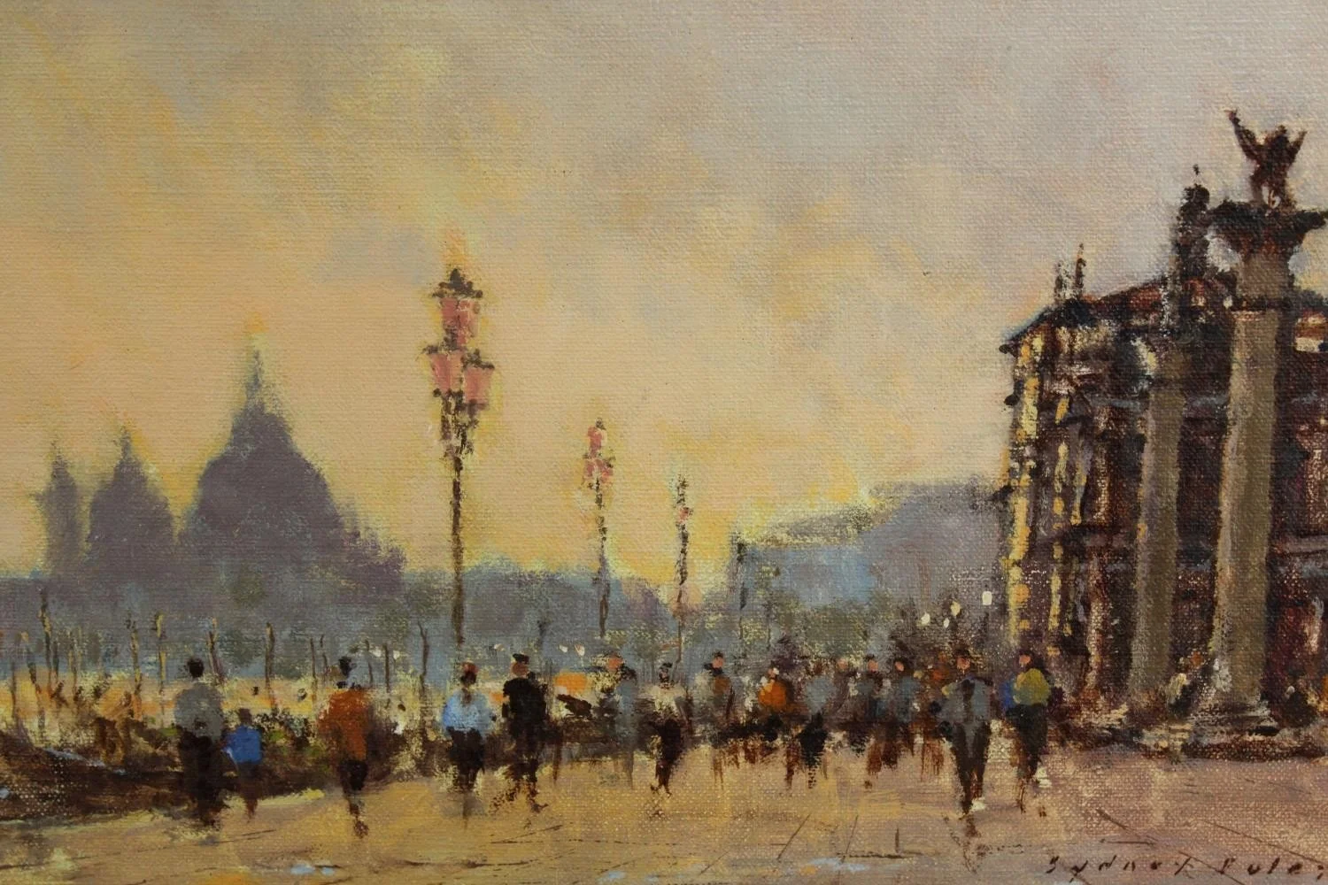 Painting of a historical man with long, curly white hair, dressed in red and cream robes, standing next to a table with a closed book, holding a small book or document in his hand, against a dark background.