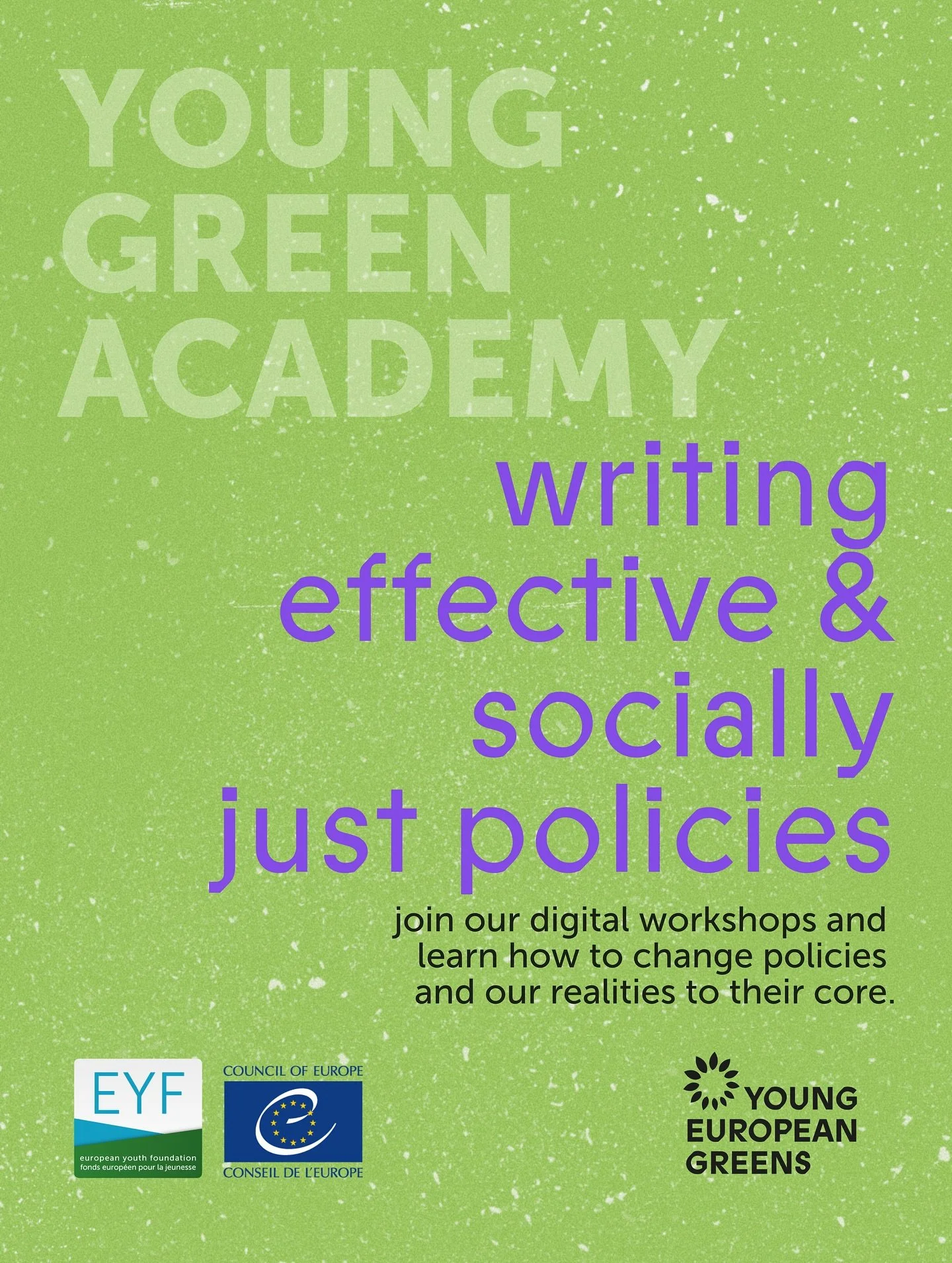 💚 The Young Green Academy: Social Justice in Theory and in Practice is here!
Join our online workshops and learn policy-making over the course of several sessions (with suuuuper cool experts).
You will understand how to shape policies and develop