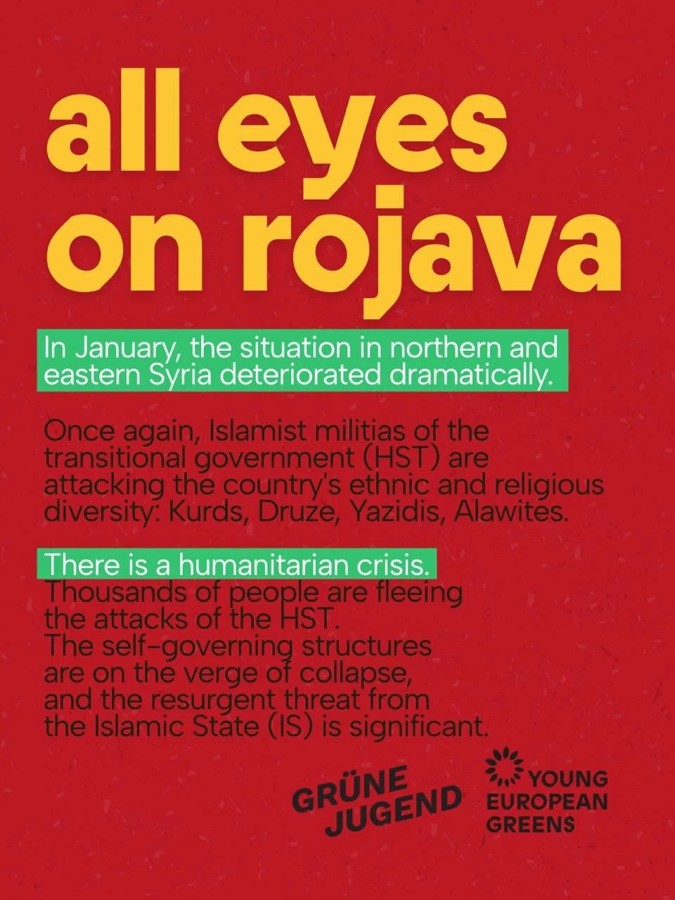 The democratic project of Rojava is under siege, and the silence from the international community is deafening. Alongside @gruene_jugend we call on you to stand in solidarity with those defending a multi-ethnic, feminist future against systematic opp
