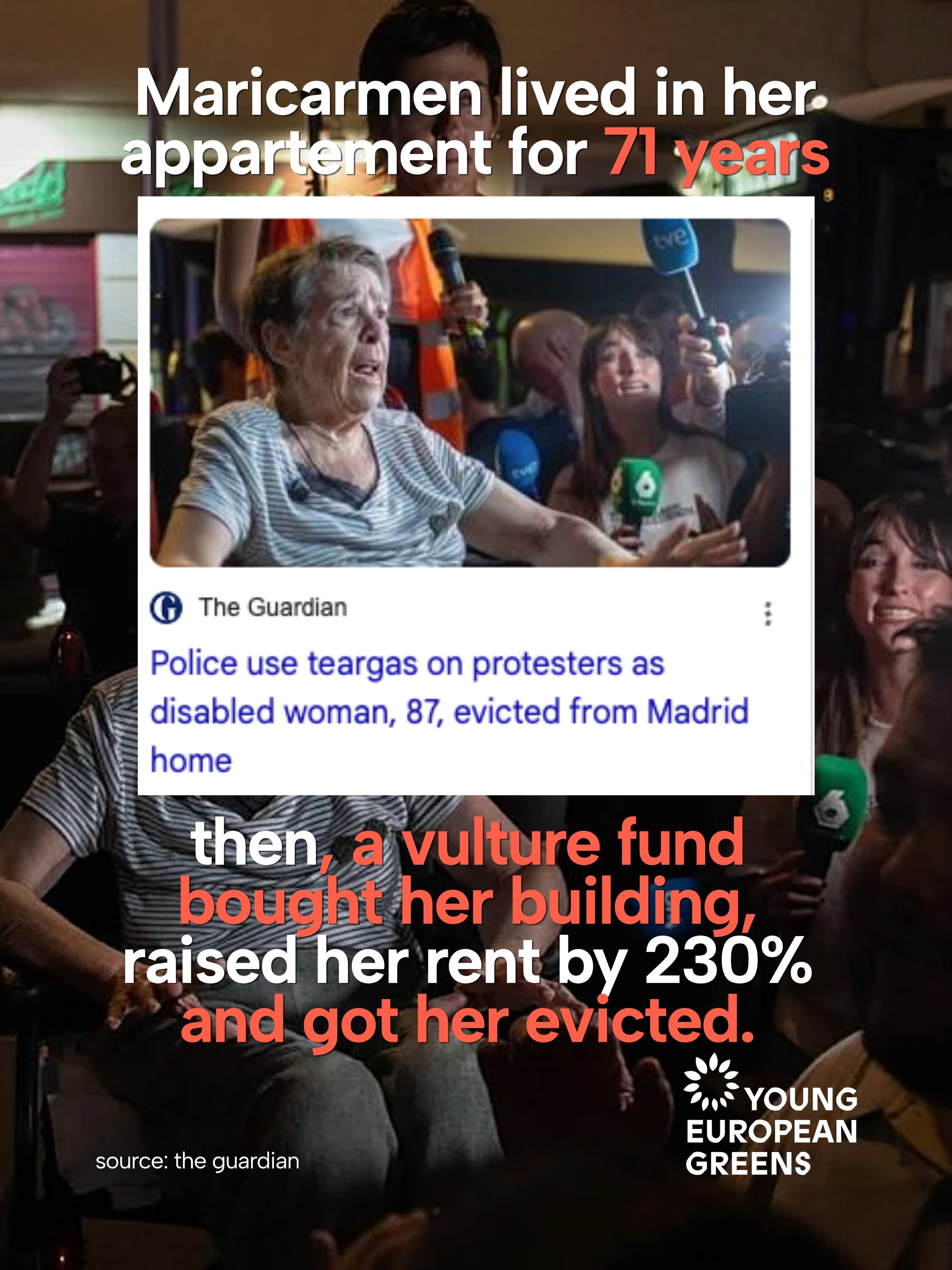 Imagine you live your whole life in a place. Then a &ldquo;developer&rdquo; buys your appartement building, raises your rent and gets you evicted. This is what happened to soon-to-be 88 year old Maricarmen in Madrid yesterday. 

She is not alone. 

A