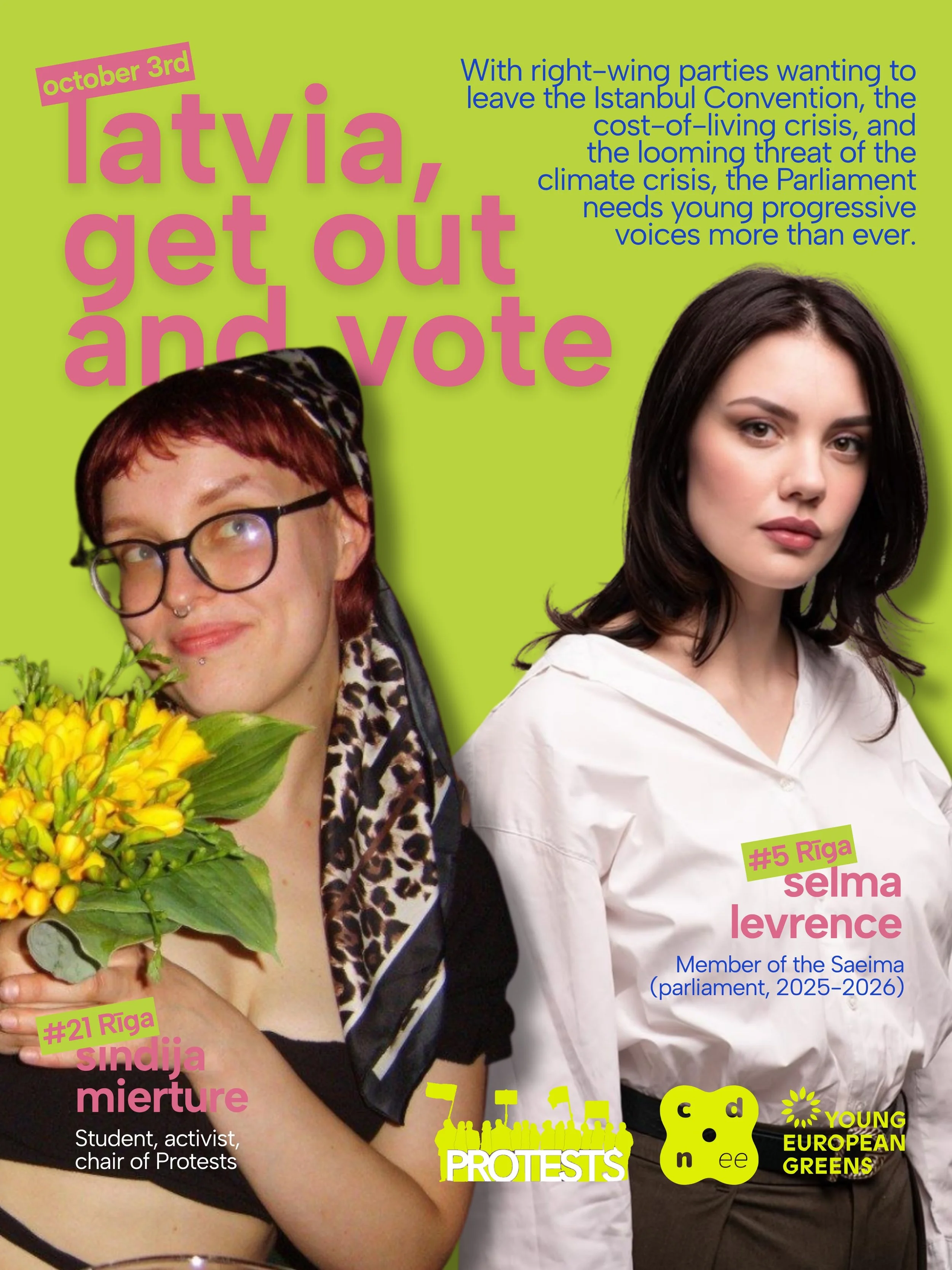 ☎️ Calling everyone voting in Latvia in the elections on October 3rd: these amazing young Greens from @protestsjaunatne are running for Parliament! 

With right-wing parties wanting to leave the Istanbul Convention, the cost-of-living crisis and the 
