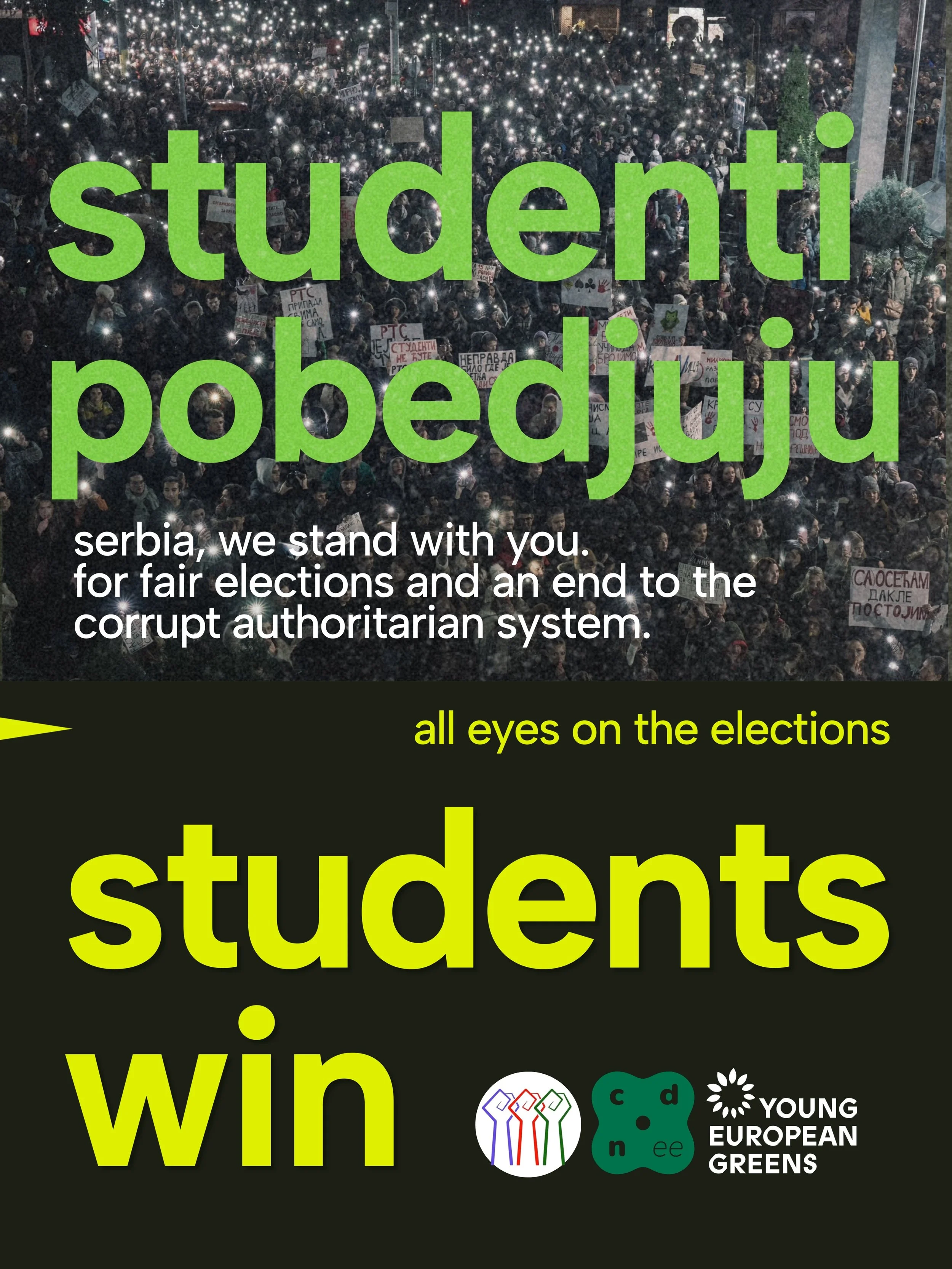 All eyes on the Serbian elections. 

We bring all our support to the students of Serbia who have been fighting a brave fight for 2 years to dismantle the authoritarian regime in place. This Sunday can change the course of history. We stand with the s
