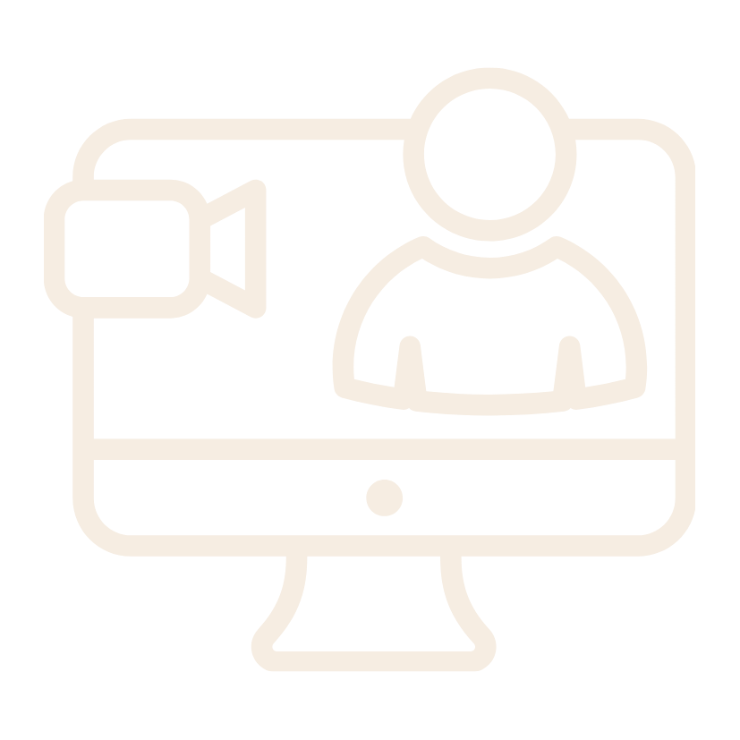 En silhuett av en datorskärm med en person på skärmen och en videokameraikon i det övre vänstra hörnet, som symboliserar ett videosamtal eller ett virtuellt möte.