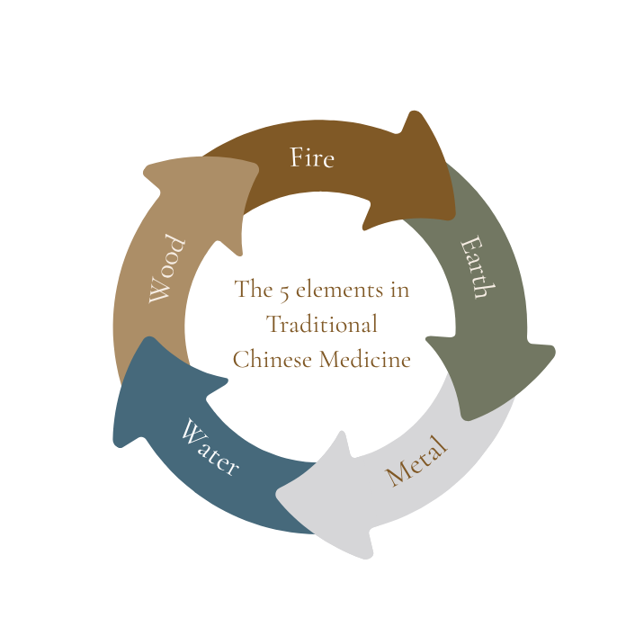 Diagram displaying the five elements in traditional Chinese medicine: Fire, Earth, Metal, Water, and Wood, arranged in a circular cycle.