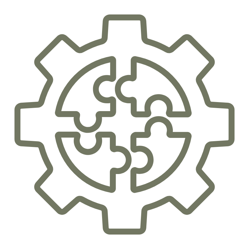 En kugghjulsikon med sammanlänkade pusselbitar inuti, som symboliserar teknik eller problemlösning.