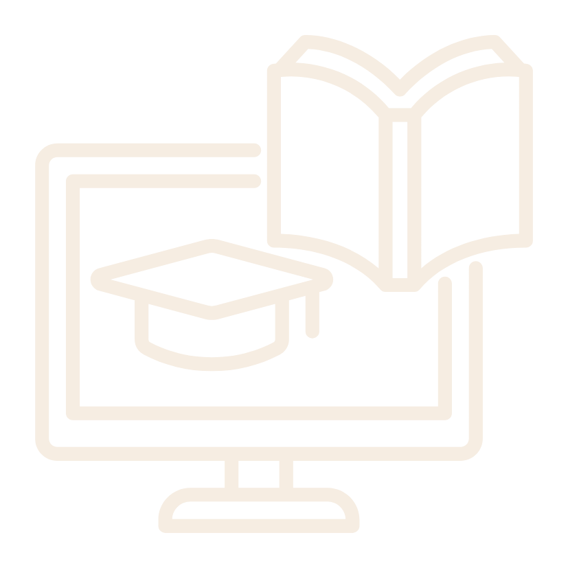 En datorskärm som visar en studentmössa, en öppen bok och en stängd bok, vilket symboliserar onlineutbildning eller e-lärande.