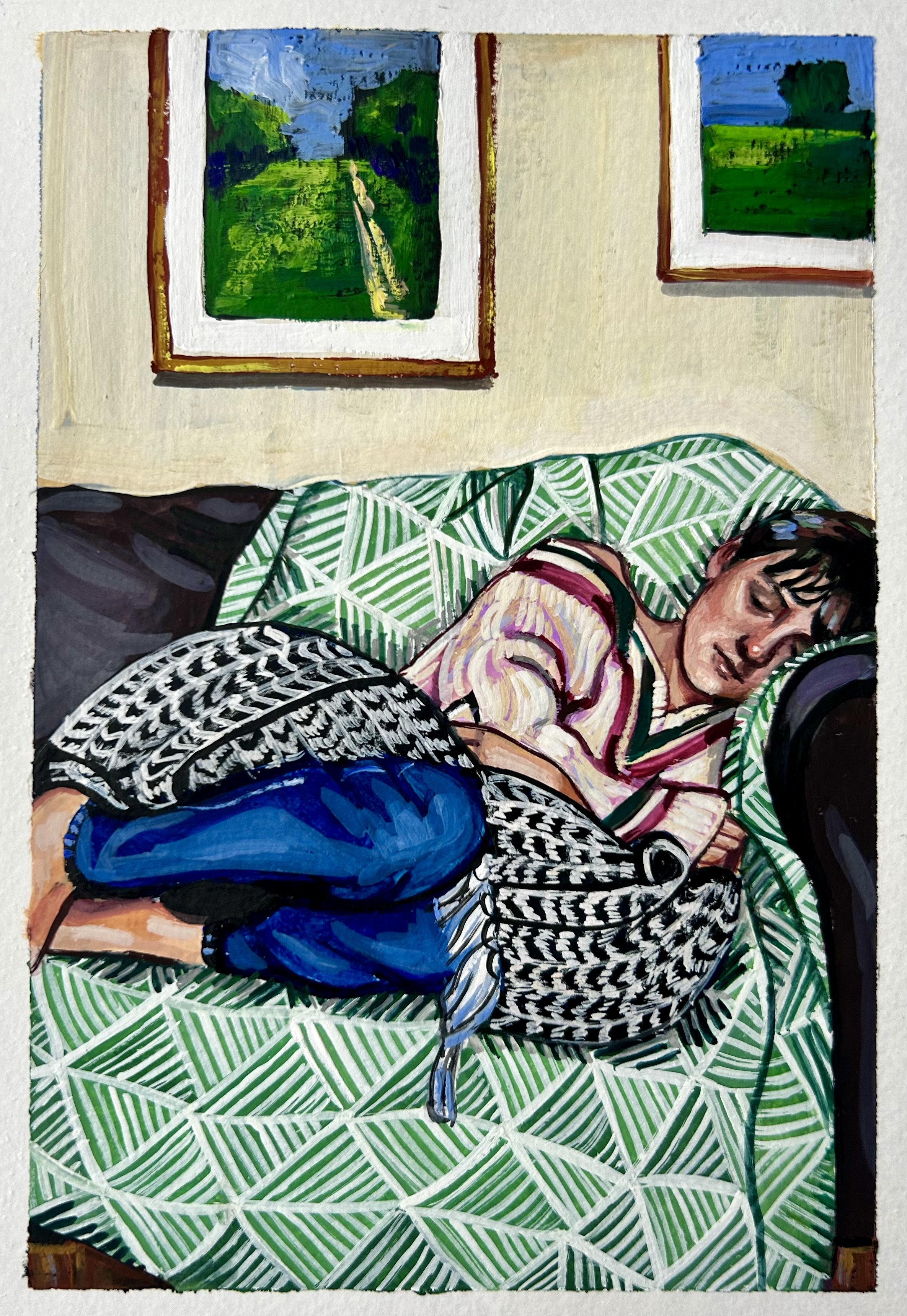 Sleeping between books , A5 Gouache on paper, 2024