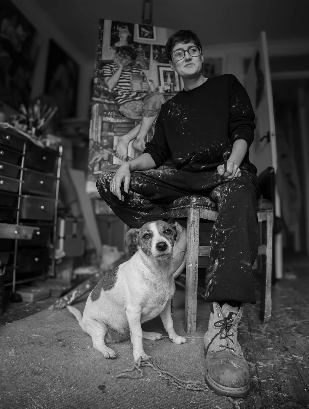 My studio wouldn&rsquo;t be my studio without Button the studio assistant &hellip; I will post more of the photos from this shoot with @mimisworks #studio#studioassistant#painter#art#artist#painting#gallery#photographer #photography#self#furbaby#dog#