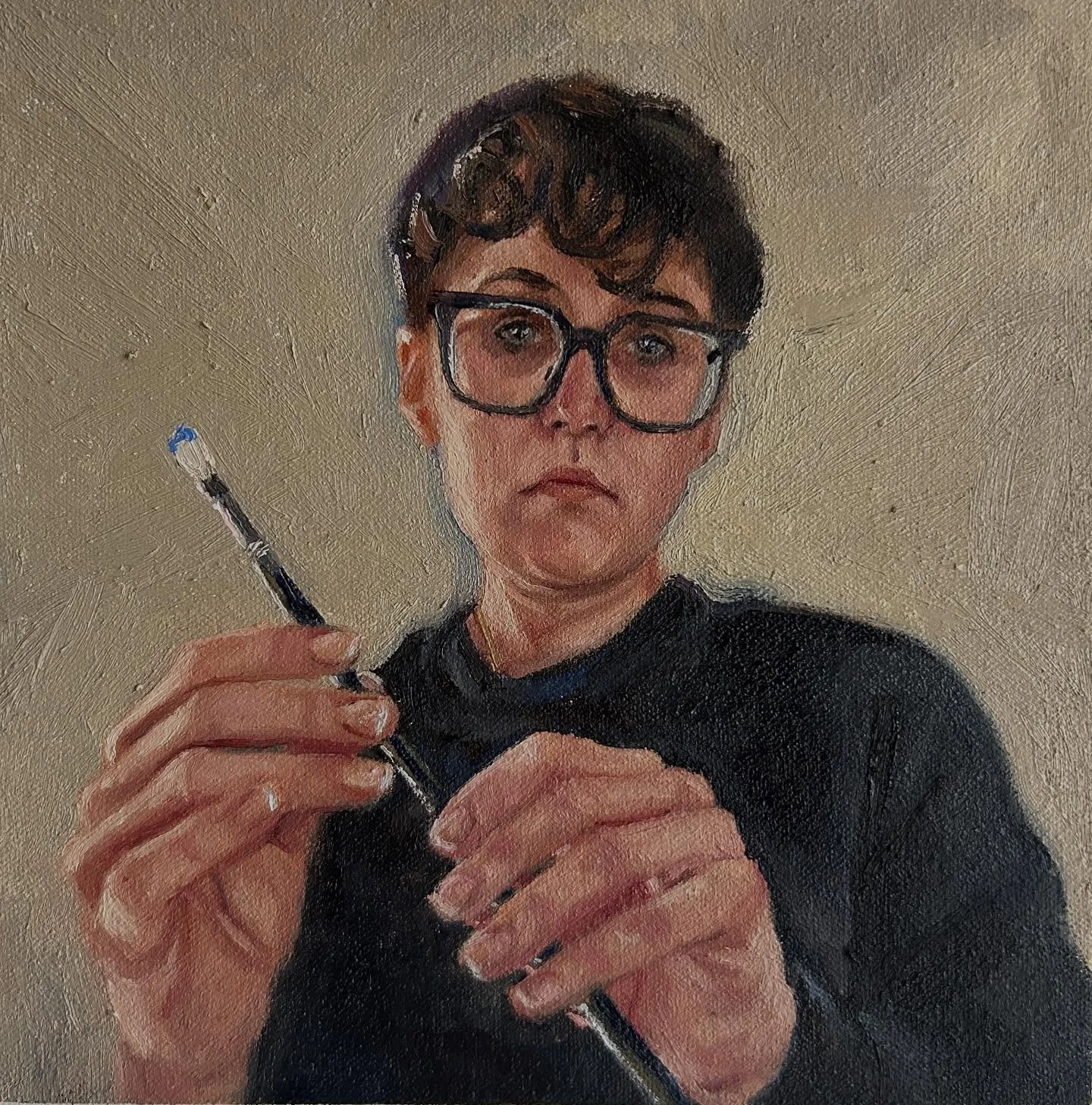 Fun little self portrait playing around with Poppyseed oil, oil on canvas, 20cm x20cm #art#artist#painting #paint#oilpaint#oilpainting#portrait#selfportrait#oilportrait #figurative#fig&uuml;rativeart #portraitartistoftheyear #paintingprocess #process