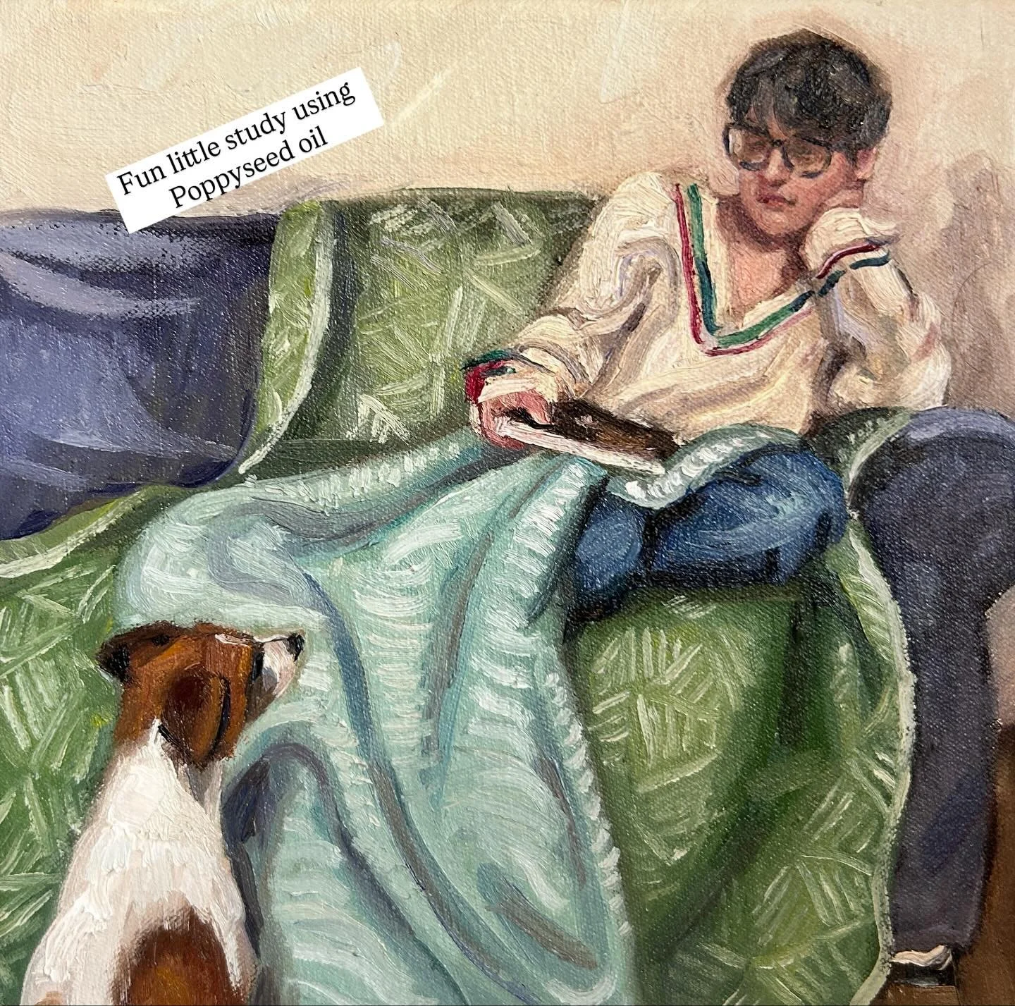 Full post on this little 20cmx20cm study , playing around with @mhpaints poppyseed oil, it definitely adds a fluidity to the paint, making an artist job that bit more enjoyable#art#artist#paint#oil#oilpainting#painting#enjoy#bookworm#reading#read#fur