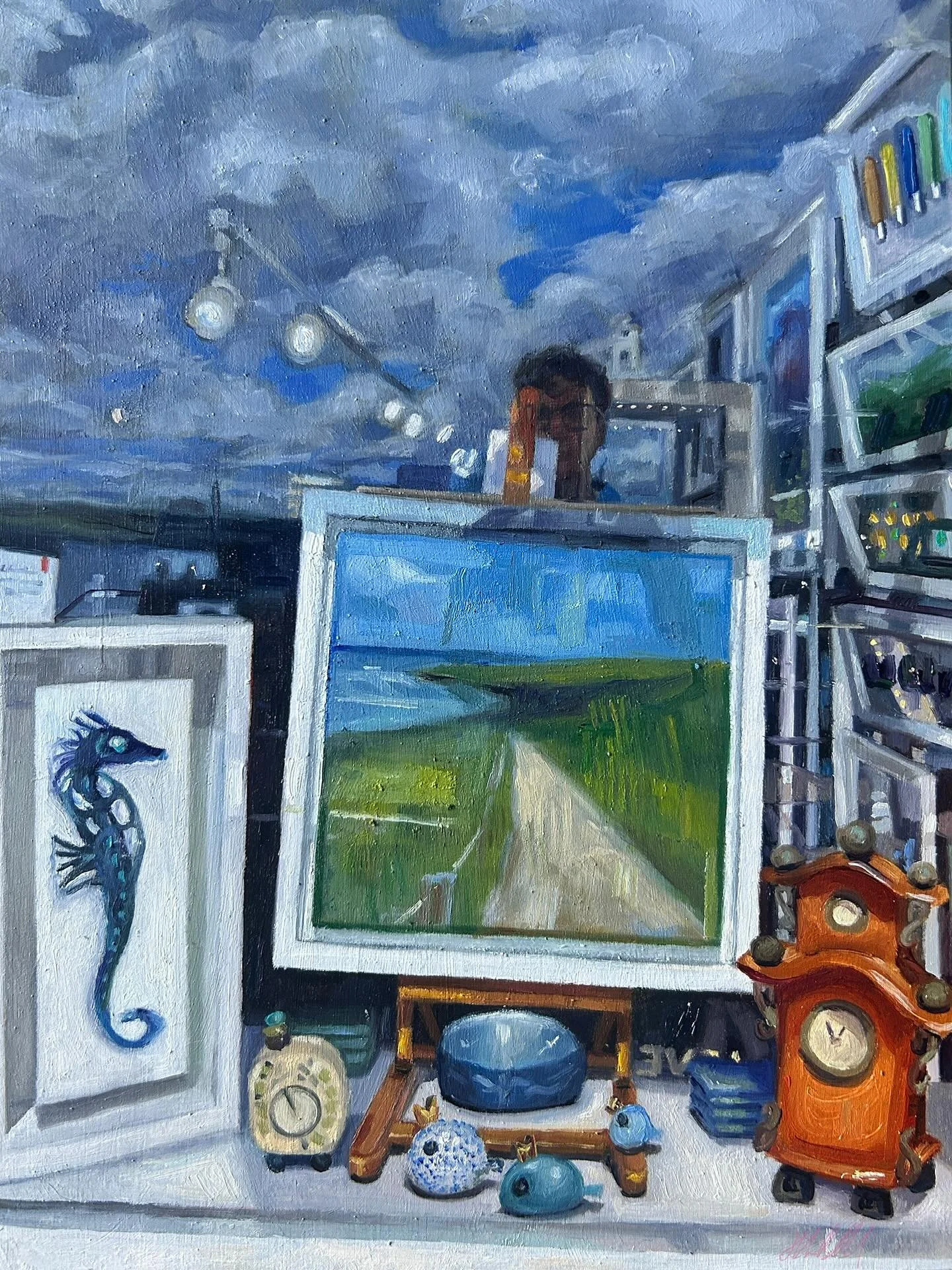 When I decompress I love painting reflections and this was a fun one&hellip;. Reflections of a Cornish coast. This is a small oil on panel. I love doing them as I&rsquo;m able to combine landscape, still life and figurative art#art#artist#paint#paint