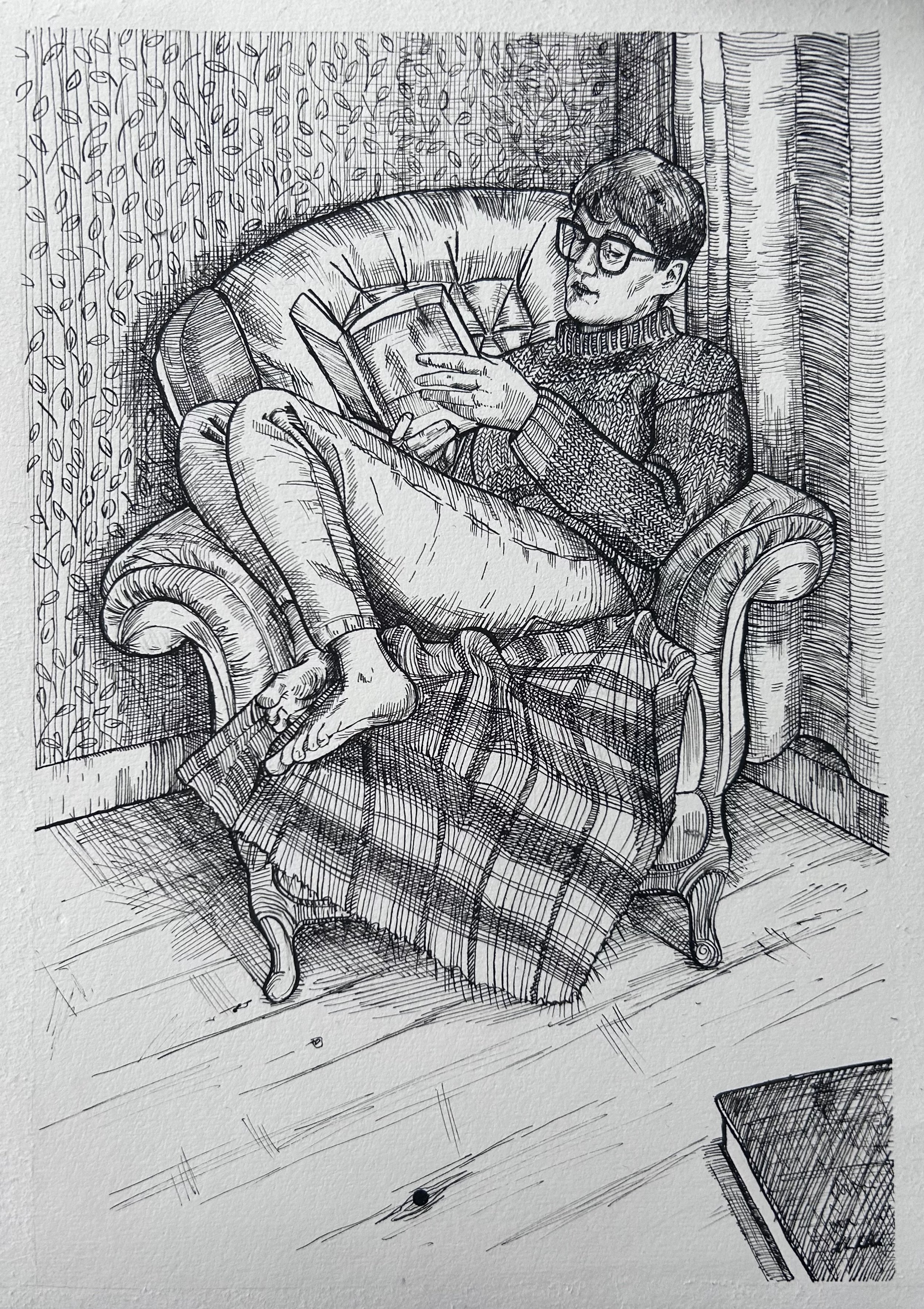 Study for I infinitely prefer a book, ink and knib 2024