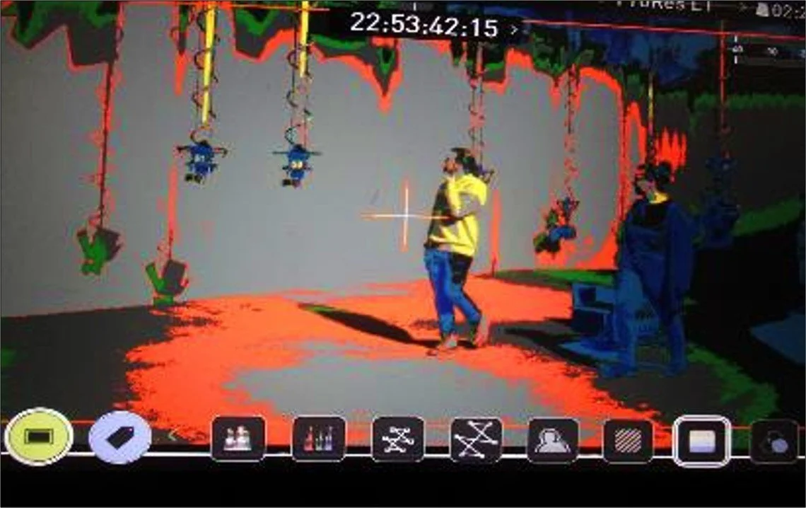 Arbeiten mit ARRI Alexa (neu: 90 Tsd. EUR ohne Objektive) – Belichtungsmesser (links): Rot = zu hell, gelb = zu gelb, grau = perfekt ausgeleuchtet