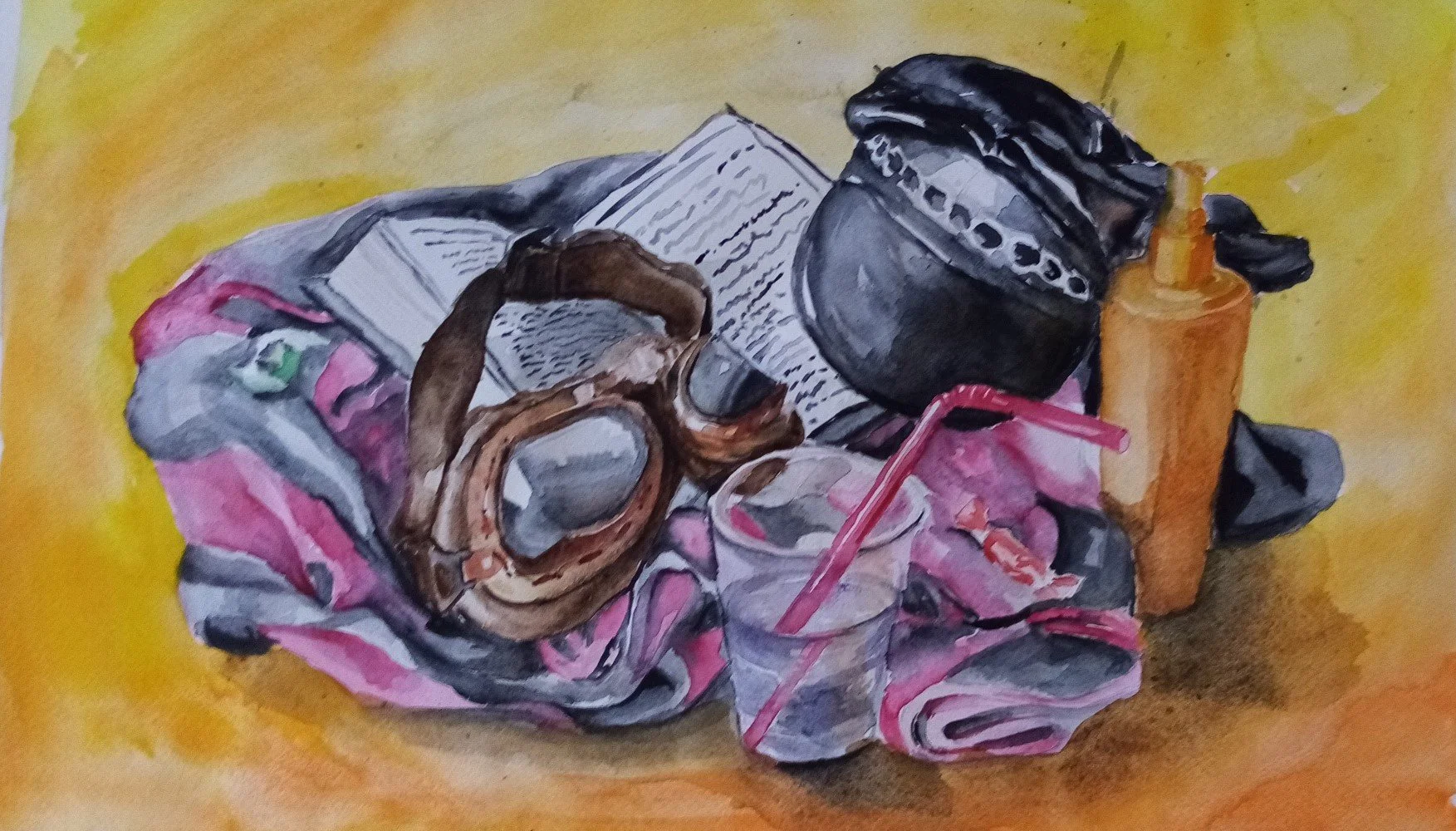 “Hot and fresh”: Arrangieren sie eine Situation, welche die Athmosphäre eines heißen Sommertags, etwa im Schwimmbad, im Park etc. ausdrückt. Praktische Prüfung in Gestaltung am 29.06.23, Klasse 11B.