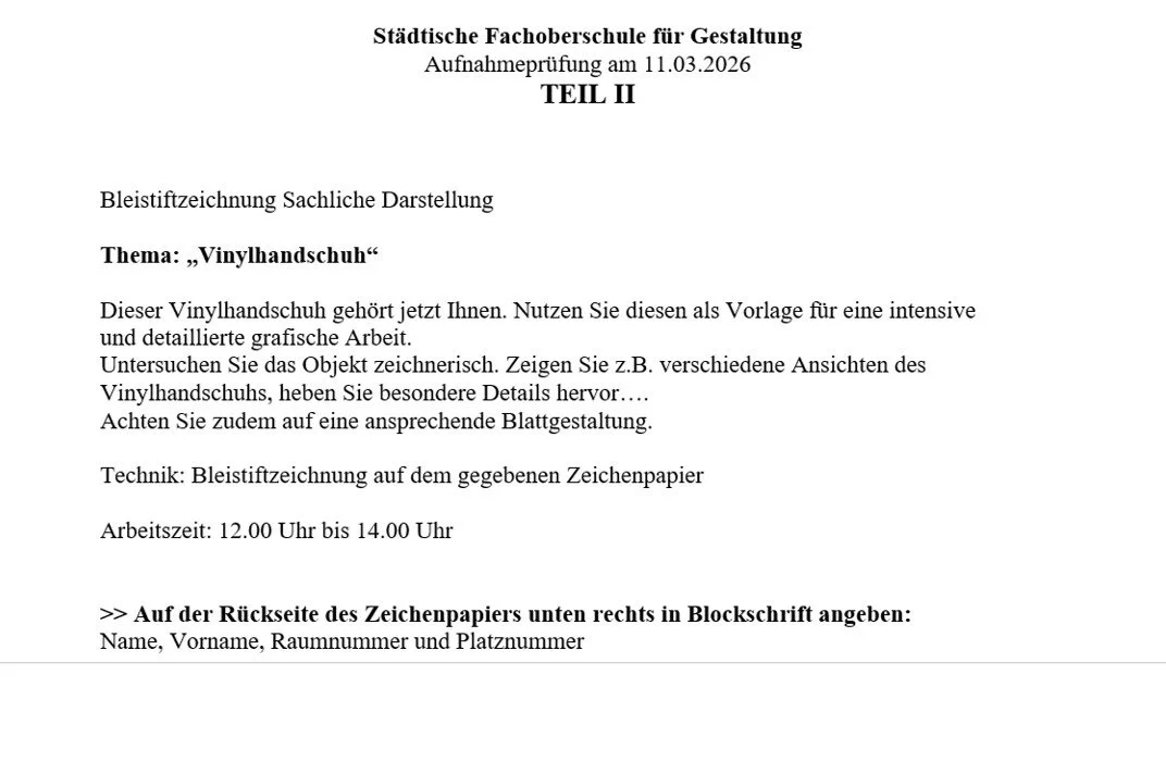 Aufnaheprüfung FOS Gestaltung 2026 mit dem Thema "Vinylhandschuh"