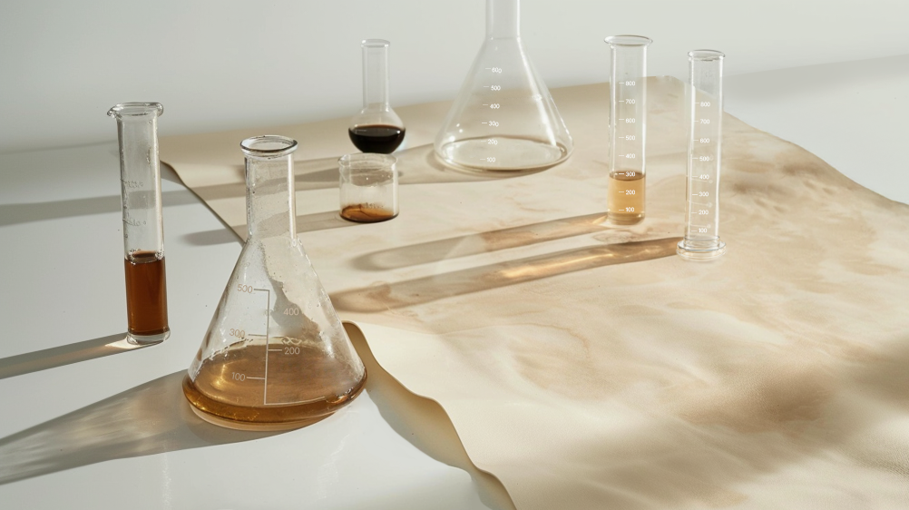 Laboratory glassware containing various liquids placed on a wooden surface with shadows and a light-colored background.