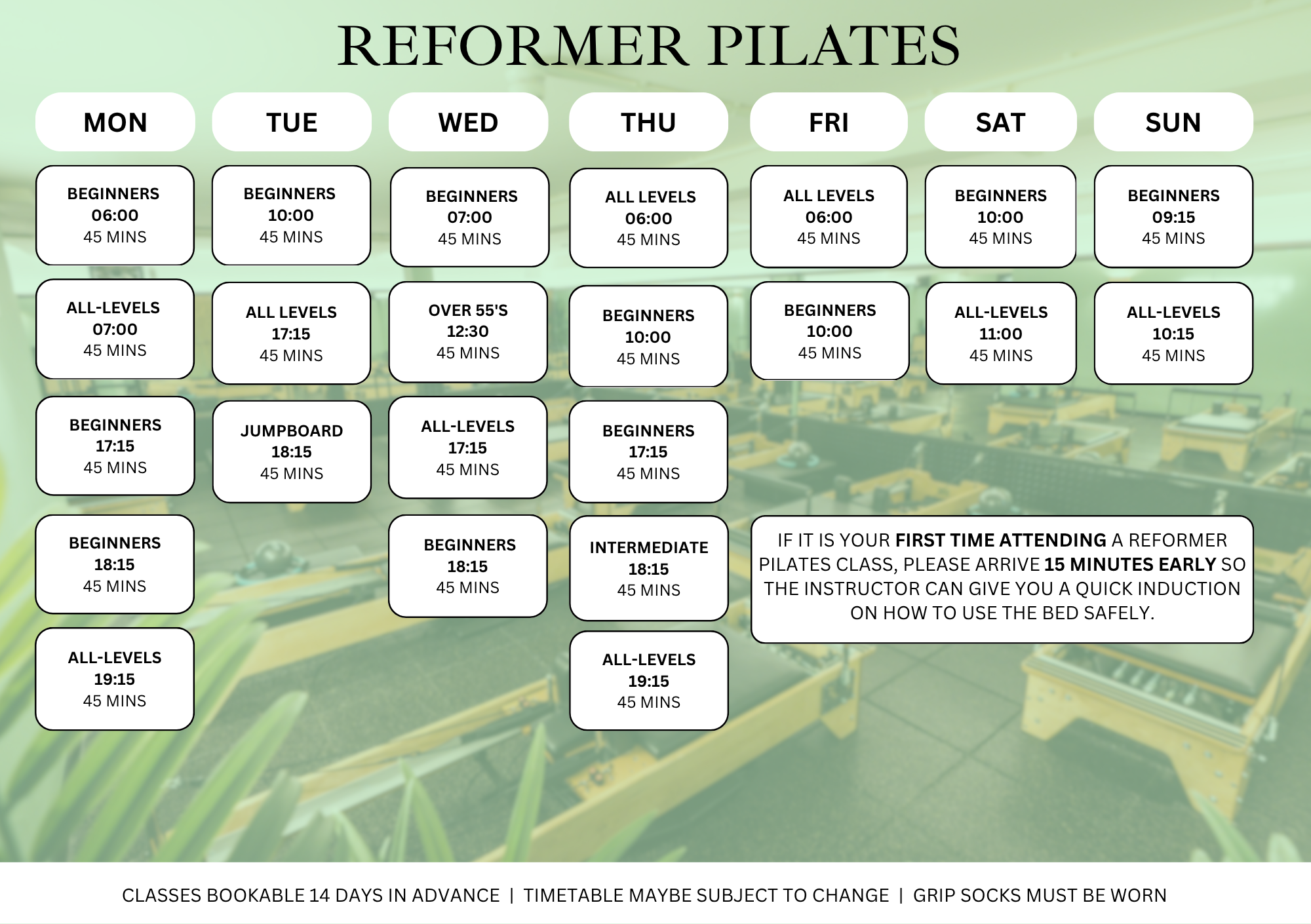Schedule of Reformer Pilates classes for the week, listing days, class types, start times, and durations, with a background of a Pilates reformer studio.