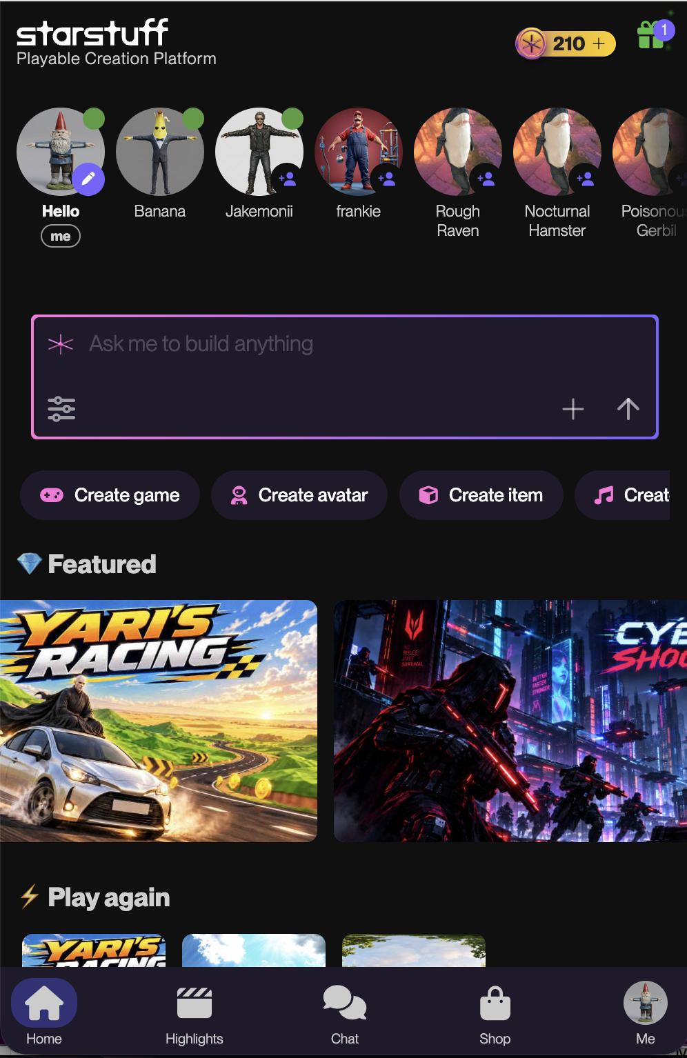 Starstuff home front page mobile view with bottom navigation, featured games, online players, play again, create game, create avatar, create item prompt box