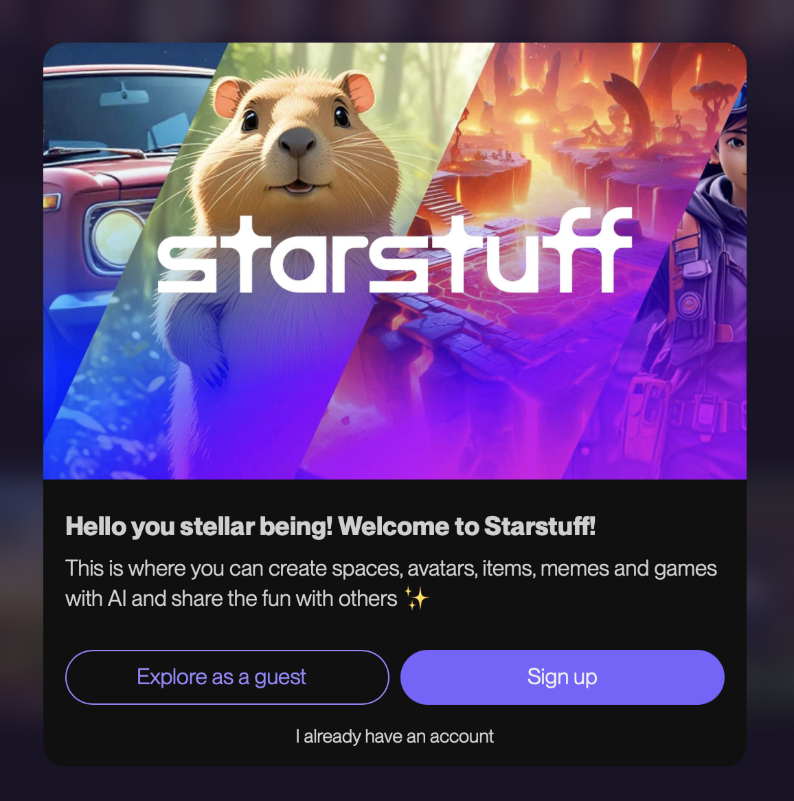Starstuff welcome screen with Signup button and welcome message