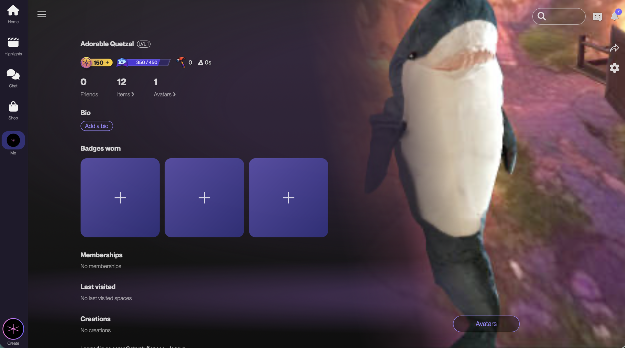 Starstuff profile page with nickname, bio, avatars, items, friends, badges, stats, memberships, creations, last visited, search, settings, share and help buttons.