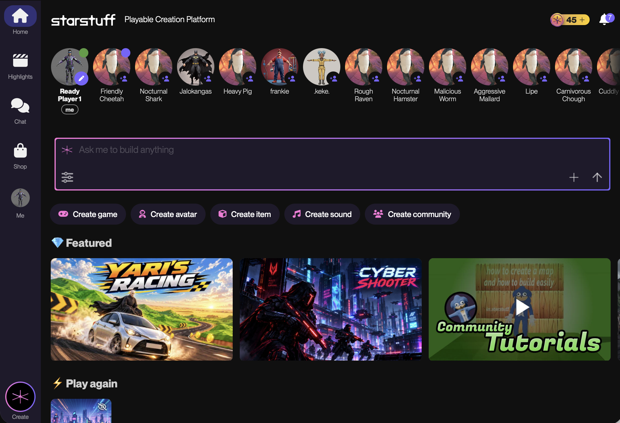 Starstuff Home page with desktop view left side navigation, featured games, online players, play again, and create