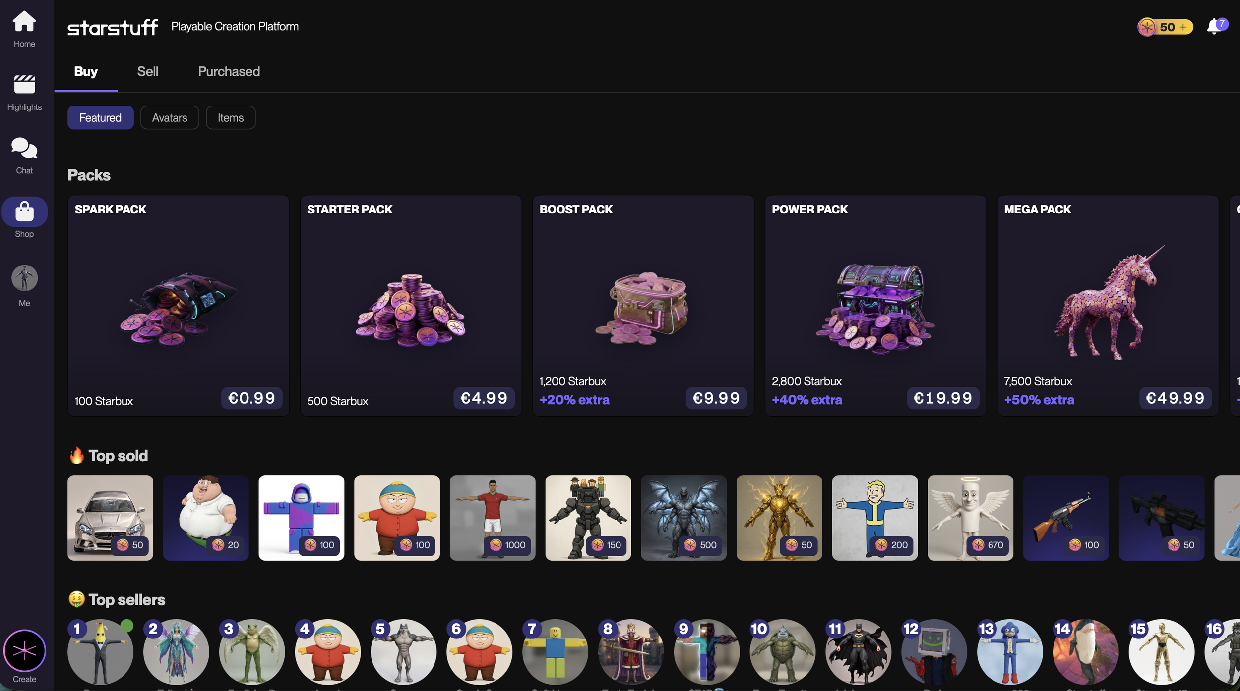 Starstuff UGC shop with user created avatars and items to buy and sell with Starbux.