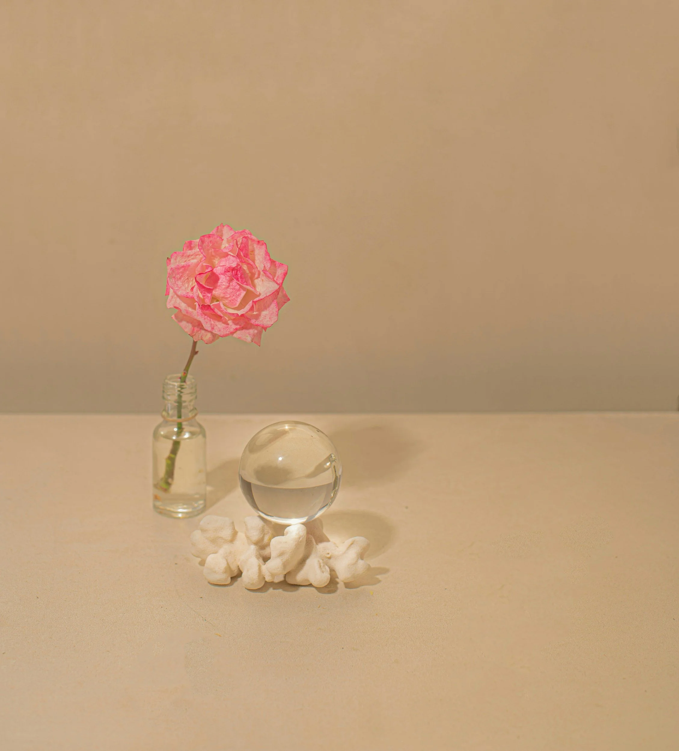 A pink flower in a small clear glass bottle, a clear glass paperweight, and white decorative rocks on a white surface against a plain beige wall.
