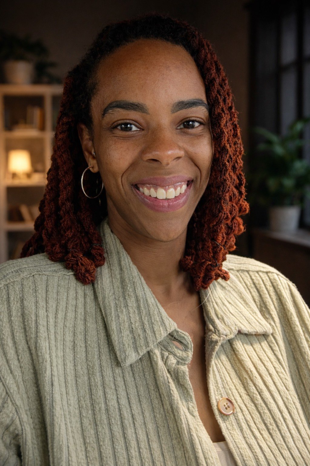 A smiling woman with red dreadlocks, wearing hoop earrings and a beige jacket, indoors with a blurred background of a bookshelf and a plant.