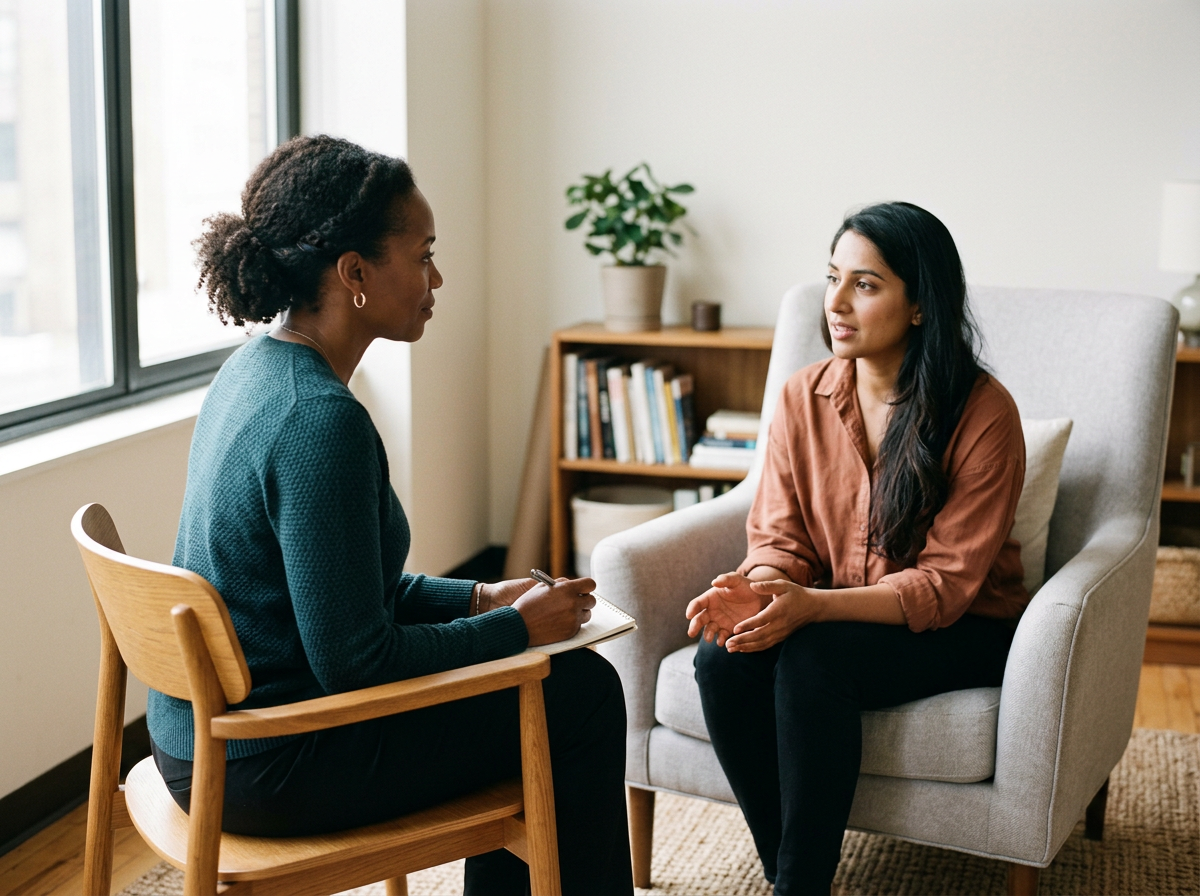A woman in a teal sweater taking notes listening to another woman in an orange shirt, who is speaking and gesturing with her hands, during a counseling or therapy session in a cozy, well-lit room with a bookshelf and a potted plant in the background.