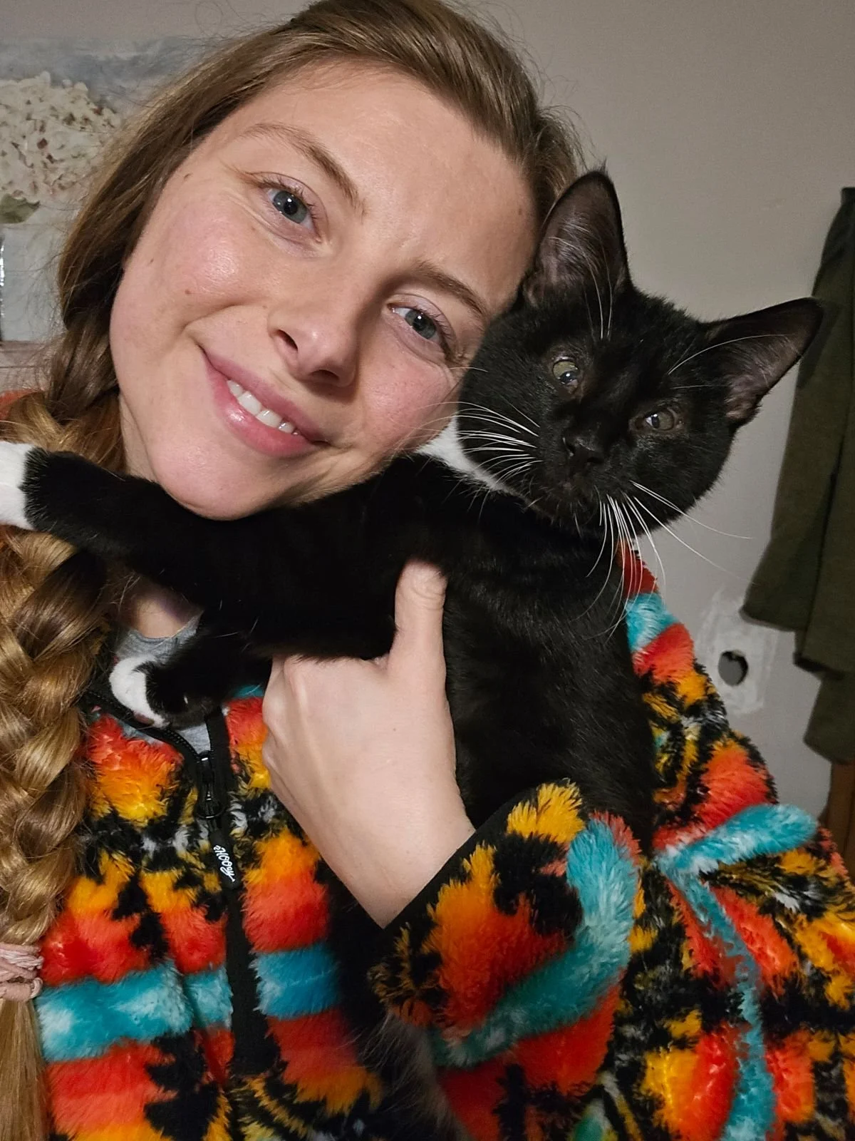 Cowboy Bob - formerly Periwinkle - Sept 2024 - getting a hug from his Auntie.