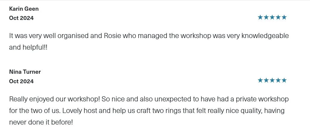 Participant reviews of the beginners ring making workshop at Silver & Steel in Bristol