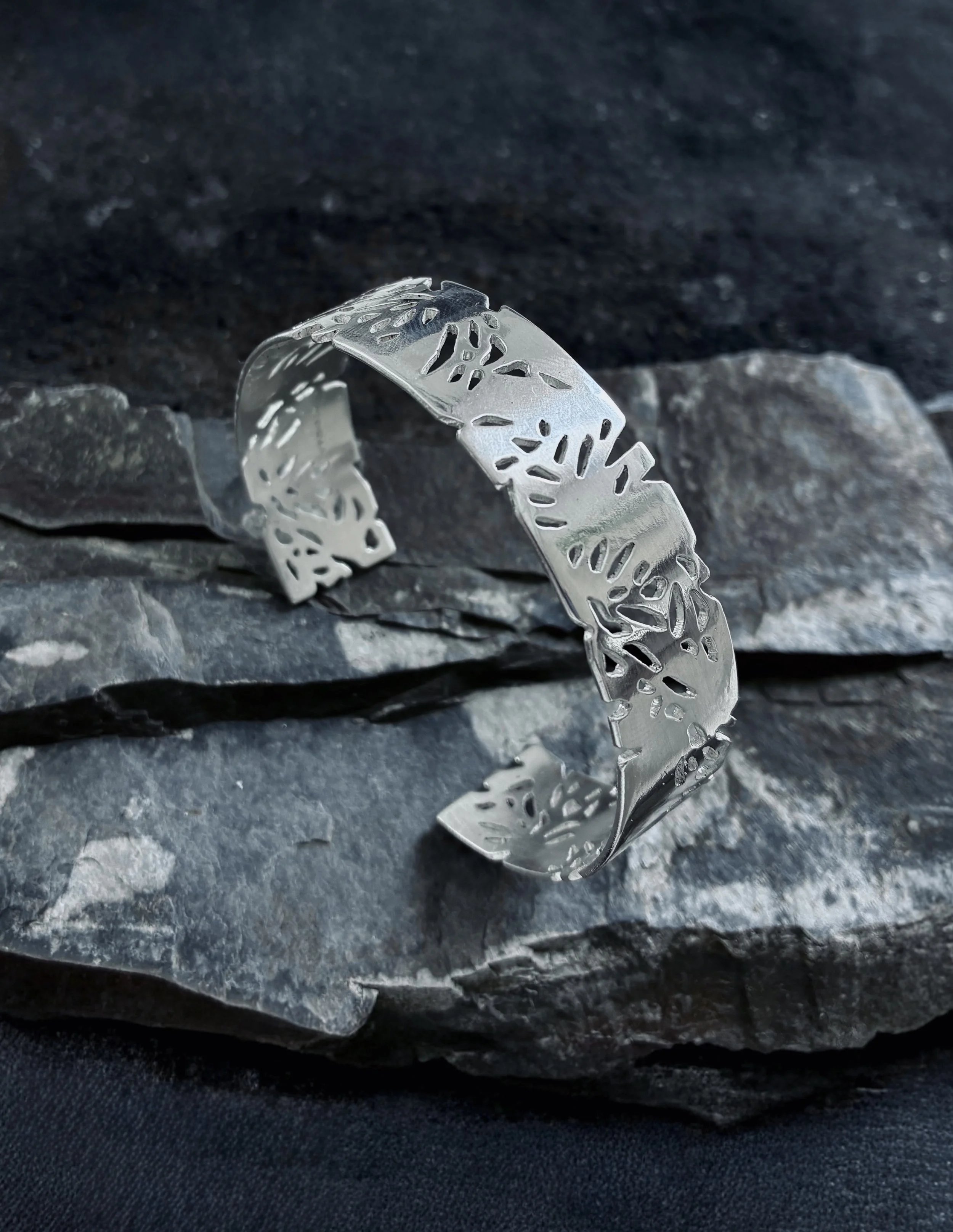 Silver blossom cuff on slate Lindsay McDonagh.jpeg