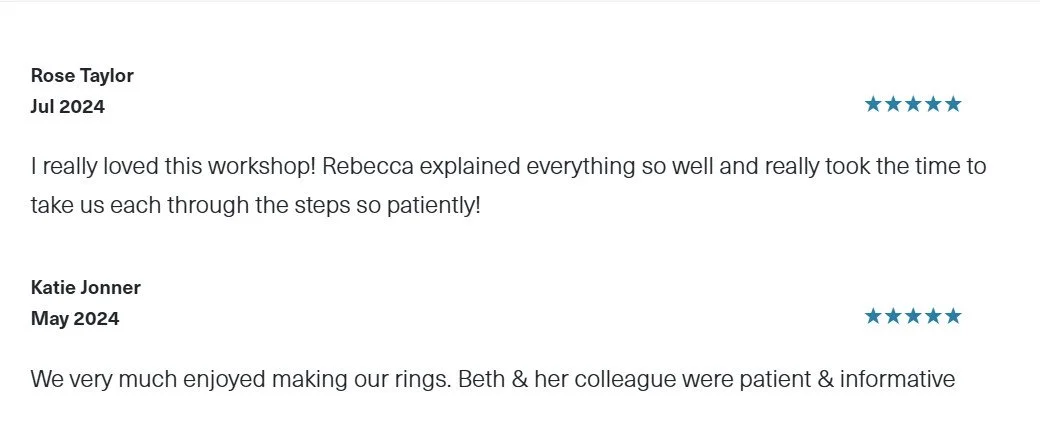 two 5 star reviews of beginners ring making at Silver & Steel in Bristol