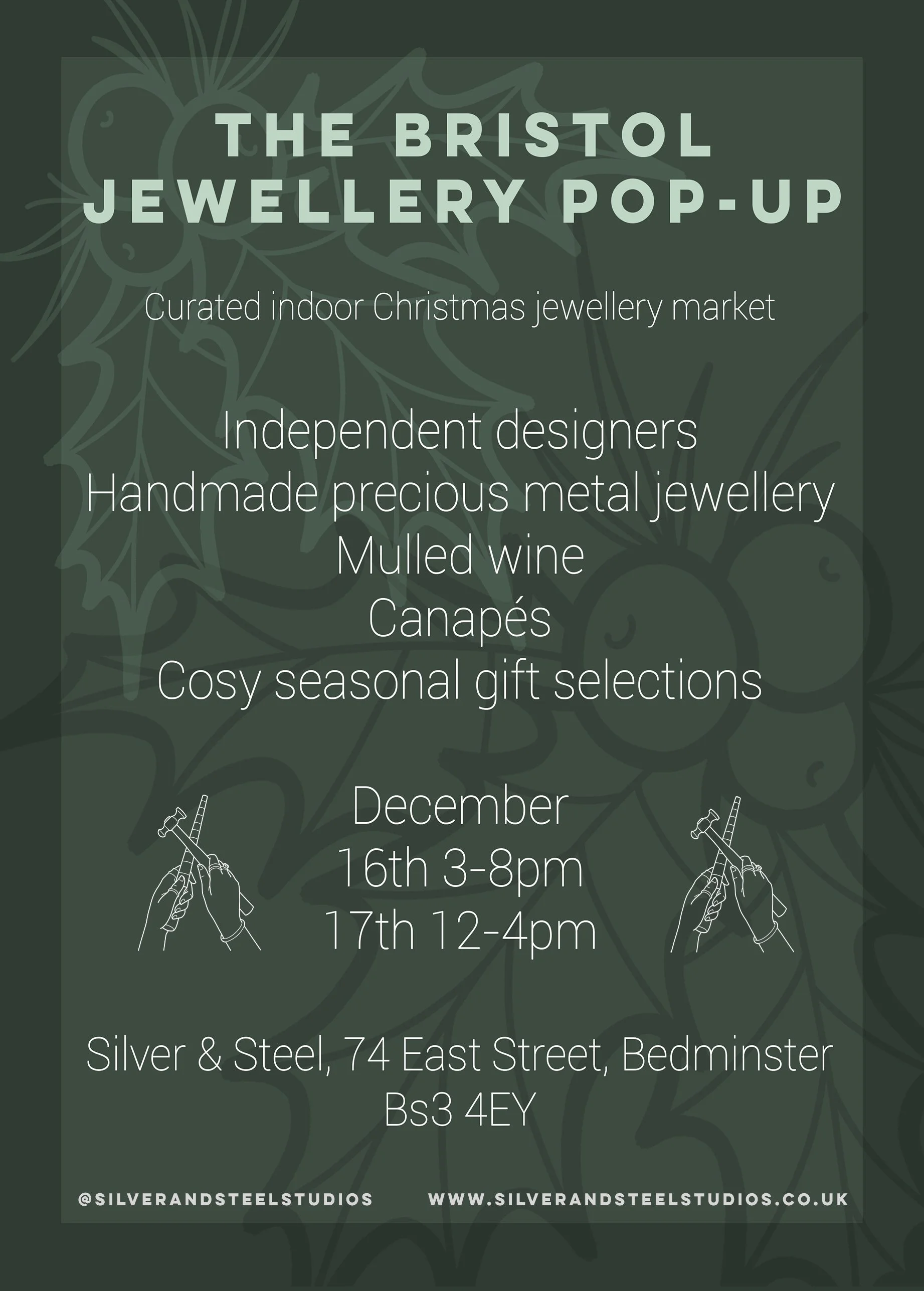 The Bristol Jewellery Pop-Up flyer, detailing independent designers, canapés and mulled wine. Bedminster, December 2023.