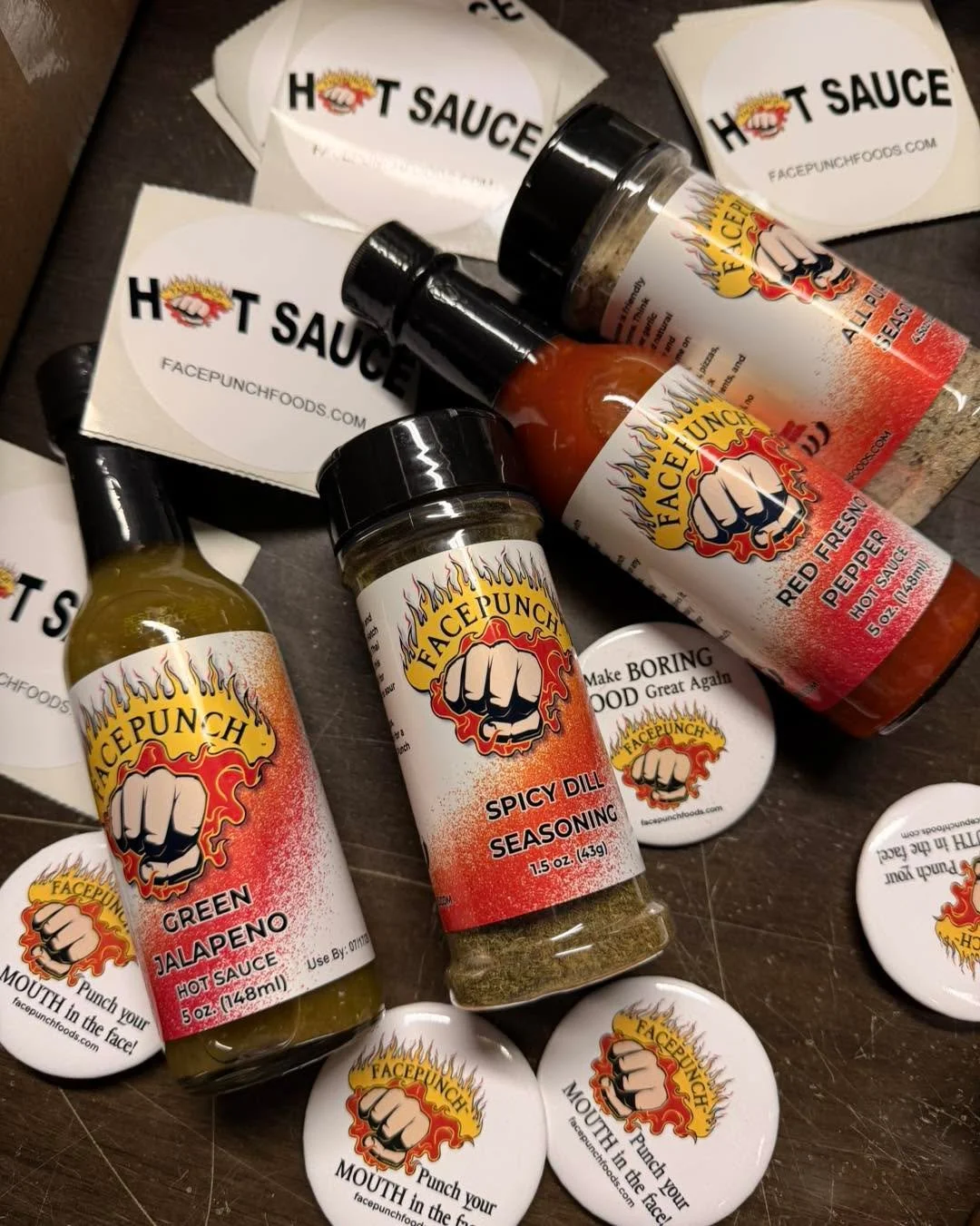 🚨 LIVE from the Facepunch packaging room 🚨

Have you noticed&hellip; we&rsquo;ve had a little glow-up? 💥
Some of our bottles and seasonings are starting to hit shelves with a fresh new label + refreshed look &mdash; and we are OBSESSED.

Same punc