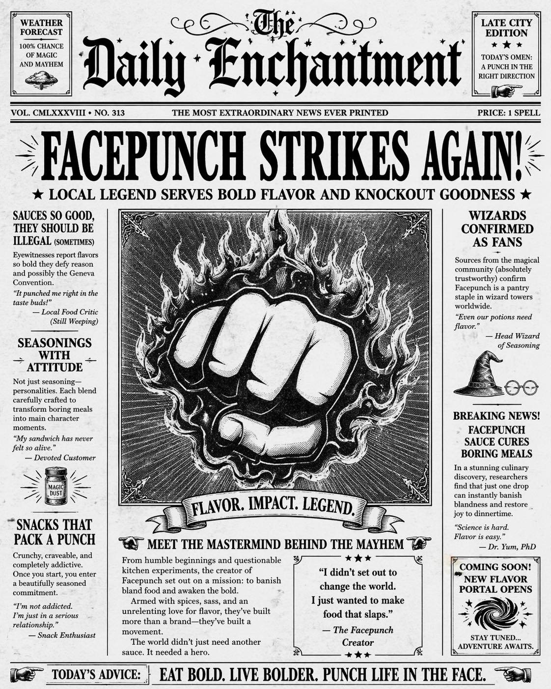 🚨 EXTRA! EXTRA! FLAVOR JUST DROPPED 🚨

Facepunch is making headlines&hellip; again.

Turns out when you punch your food with flavor,
people notice. 👊🔥

Sauces so bold they might be illegal (we&rsquo;re checking).
Seasonings with main character en
