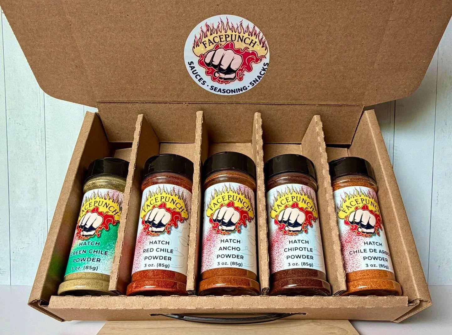 Get the Facepunch Flavor Pack!

Hatch Chile powders all jarred up and ready to travel! 

Add the greatness of Hatch, New Mexico and the special flavors the valley imparts in these powders. 

Get it online at www.facepunchfoods.com