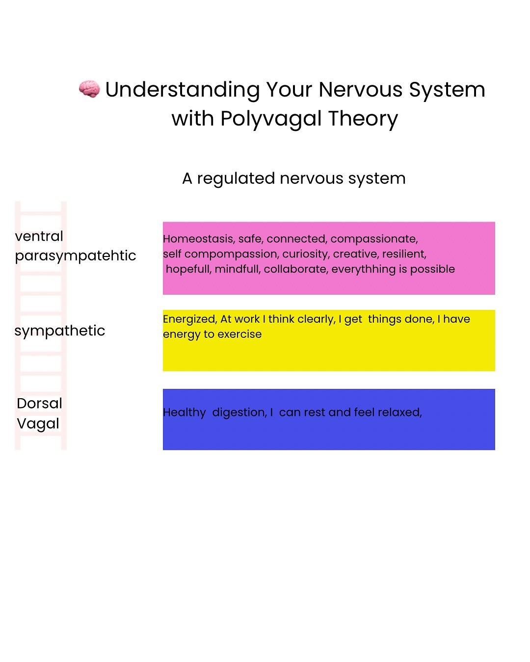 Do you ever feel stuck in stress, burnout, or exhaustion? Your nervous system might be dysregulated.
According to Polyvagal Theory, our nervous system moves through different states:
🔹 Ventral Vagal (safe &amp; connected) &ndash; Calm, creative, eng