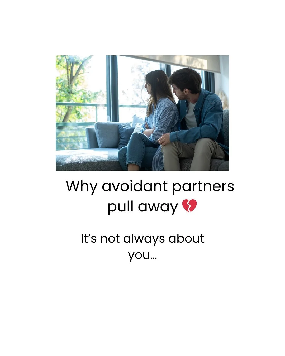 💔 When your partner pulls away, 
it’s not always about you…
Many avoidant partners aren’t trying to hurt 
or ignore you — they’re protecting themselves.
Often, this comes from the past: growing up with
 yelling parents