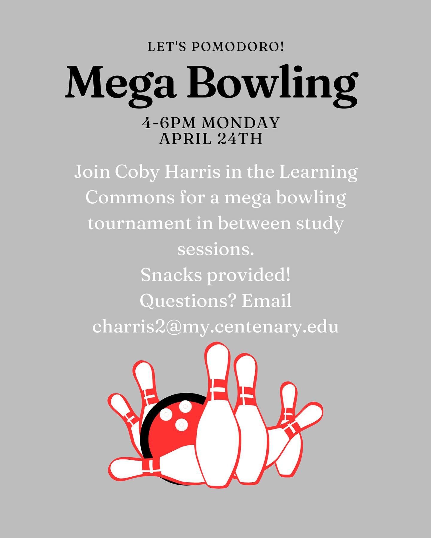 Come join Coby tomorrow for an active Pomodoro session! Bowl in the stacks during breaks for a chance to win prizes! 🎳