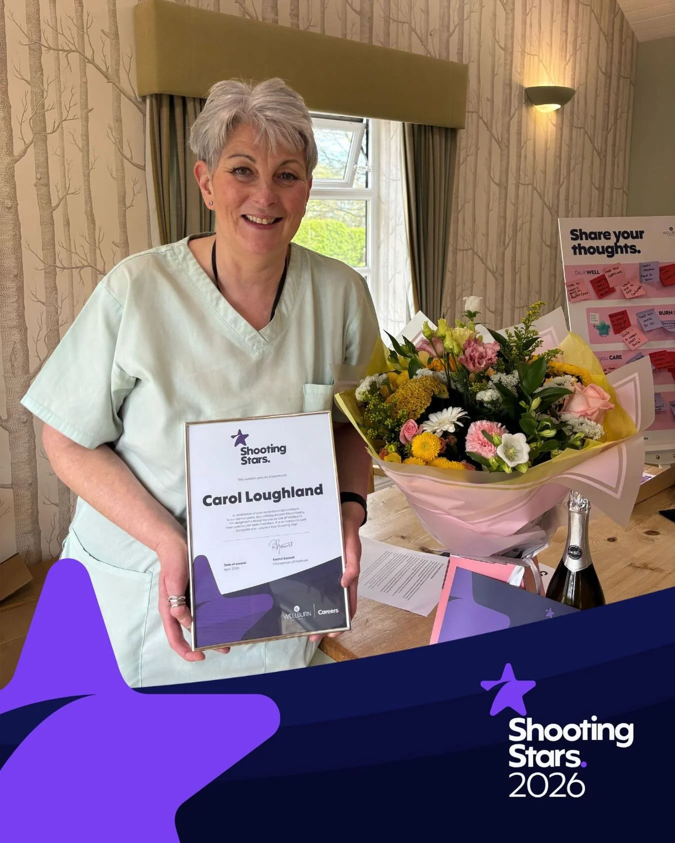 We are proud to present Wellburn&rsquo;s Shooting Star Award to Carol Loughland, a Care Assistant at Whorlton Grange Care Home! ✨

Carol is an asset to the team at Whorlton Grange, and her dedication and compassion are consistently recognised by staf