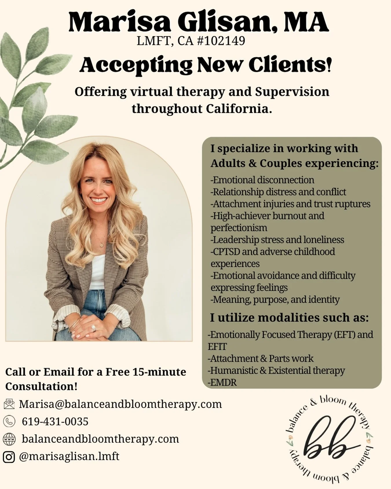 We&rsquo;re so excited to officially welcome Marisa Glisan, LMFT to the Balance &amp; Bloom Therapy team 🌿

Marisa works with adults and couples virtually in California! She specializes in high performers, military leaders, physicians, and CEO&rsquo