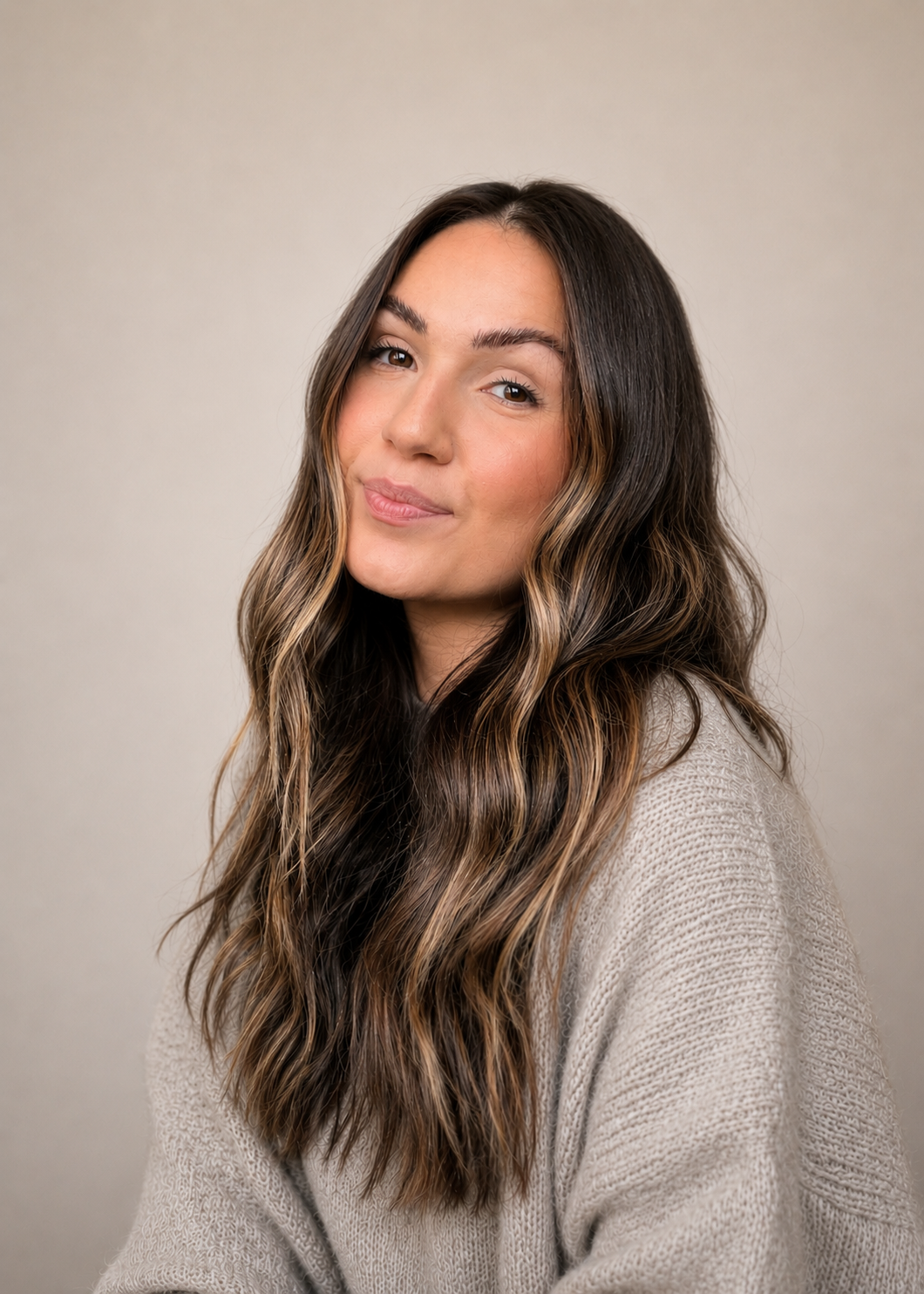 A woman with long wavy brown hair and a white blouse, smiling while sitting on a beige couch.