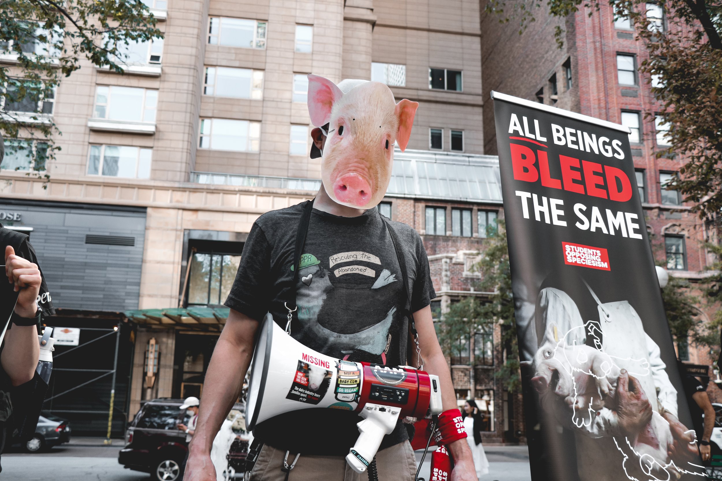 Adam Henry, 37, a community organizer for animal rights and liberation movements stands wearing a pig mask to act as a voice for their suffering. Upon hearing a pedestrian scream “want my leftover steak?” he responds “suffering doesn’t live in a vacu