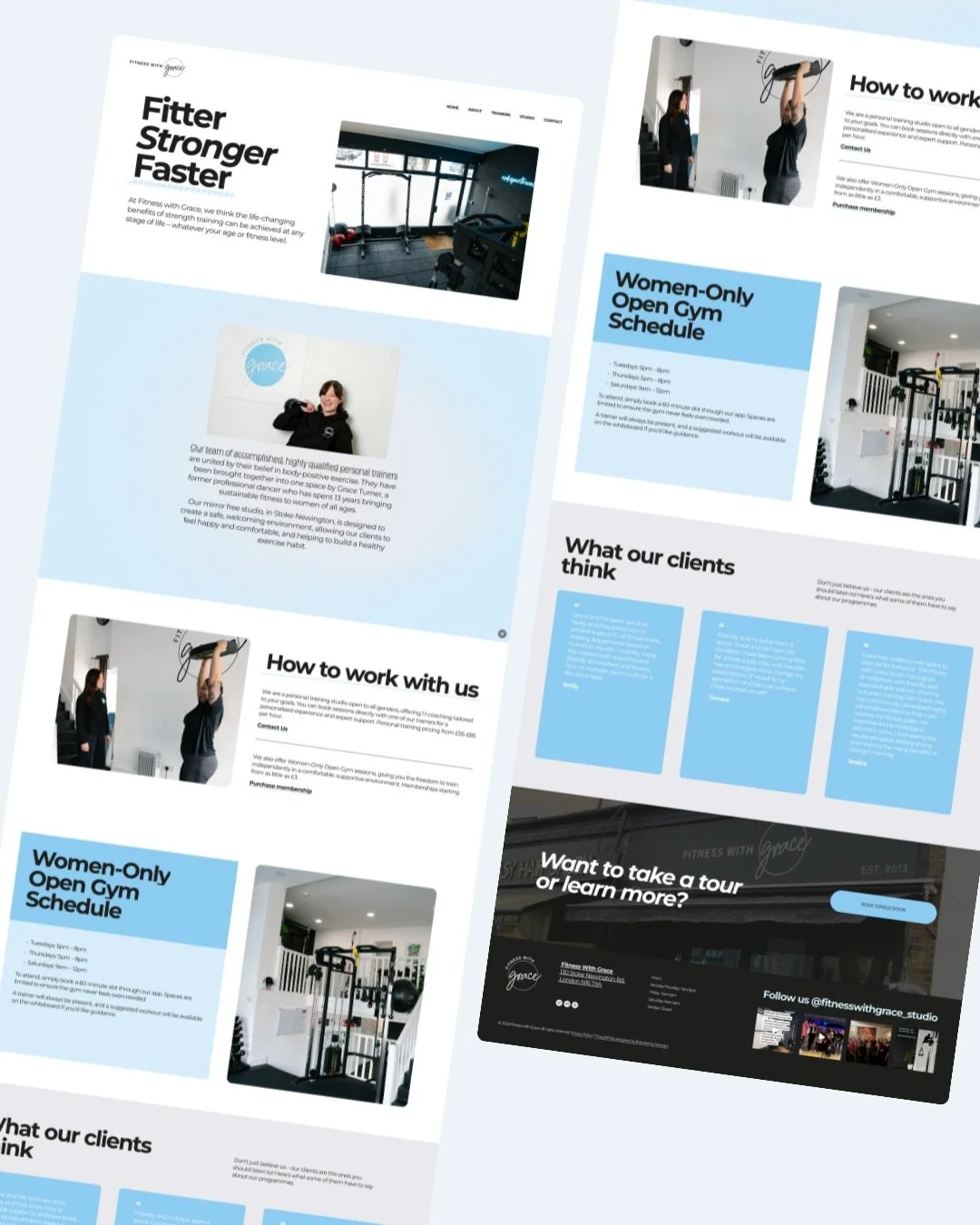 Grace wanted a website that felt like her studio experience &mdash; clean, approachable, supportive, and easy to navigate 💪🏽 

For the redesign of Fitness with Grace, we focused on creating a digital space that clearly communicates her offerings wh