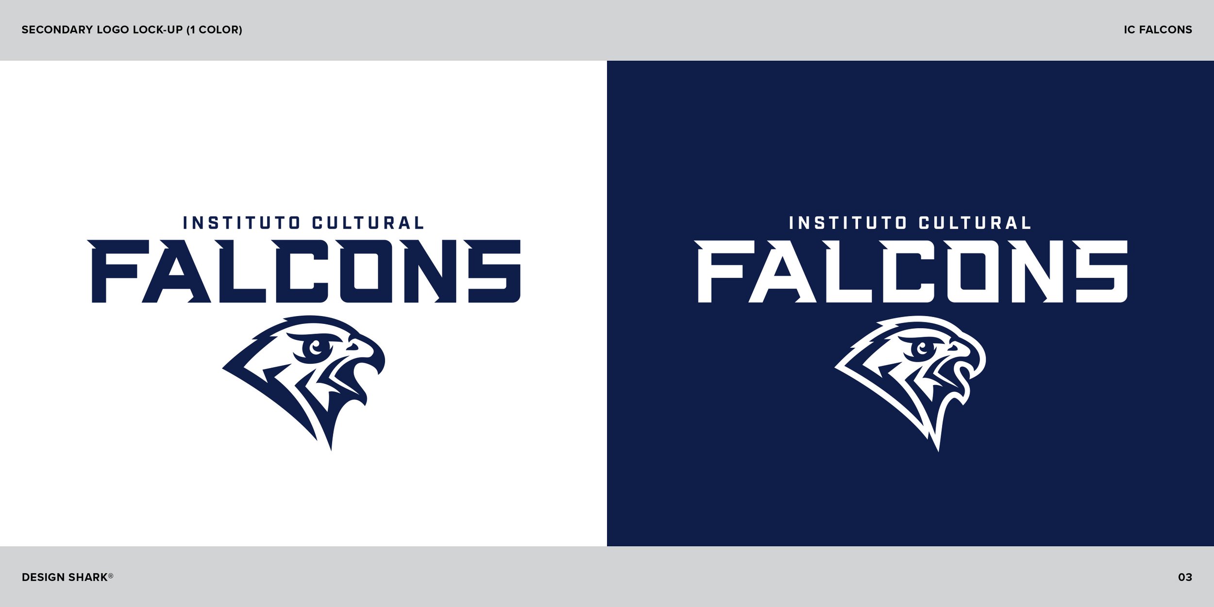 Instituto Cultural Falcons - 1 color secondary logo configuartion on white and navy backgrounds. Head logo under custom wordmark.