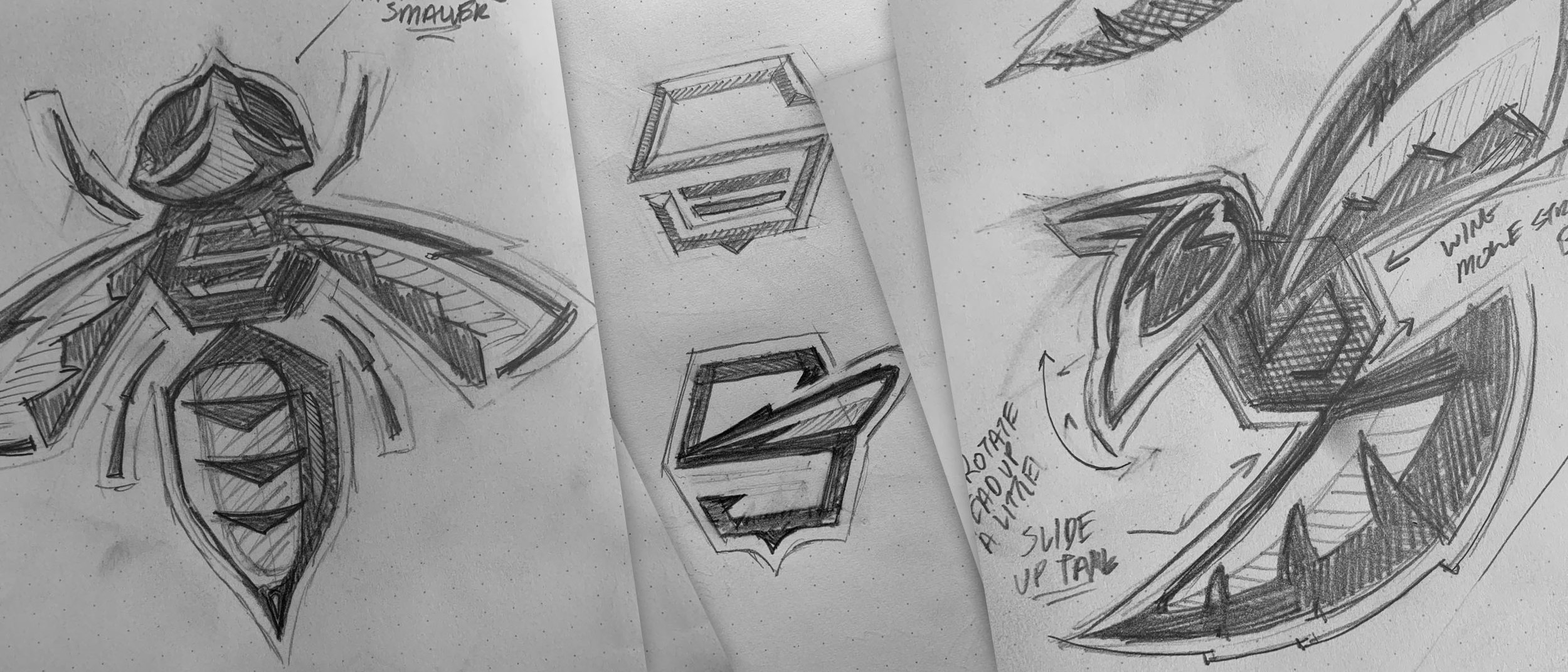 Stevensville YellowJacket - Initial concept paper and pencil sketches for yellowjacket logo – top view and side view – and winged s concept.