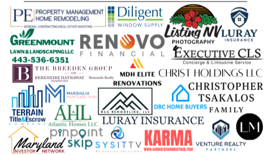 Logo collage of various sponsors including Property Management, Diligent Window Supply, GreenMount Lawn & Landscaping, Renovo Financial, Listing NV Luraly, Executive CLS, The Breeden Group, MDH Elite Renovations, Christ Holdings LLC, Berkshire Hathaway, Marsiglia Mortgage Team, Terrain Title & Escrow, Atlantic Homes LLC, DC Home Buyers, Lury Insurance, LM, Maryland Investor Network, skip, Karma, Vuture Realty, and others.